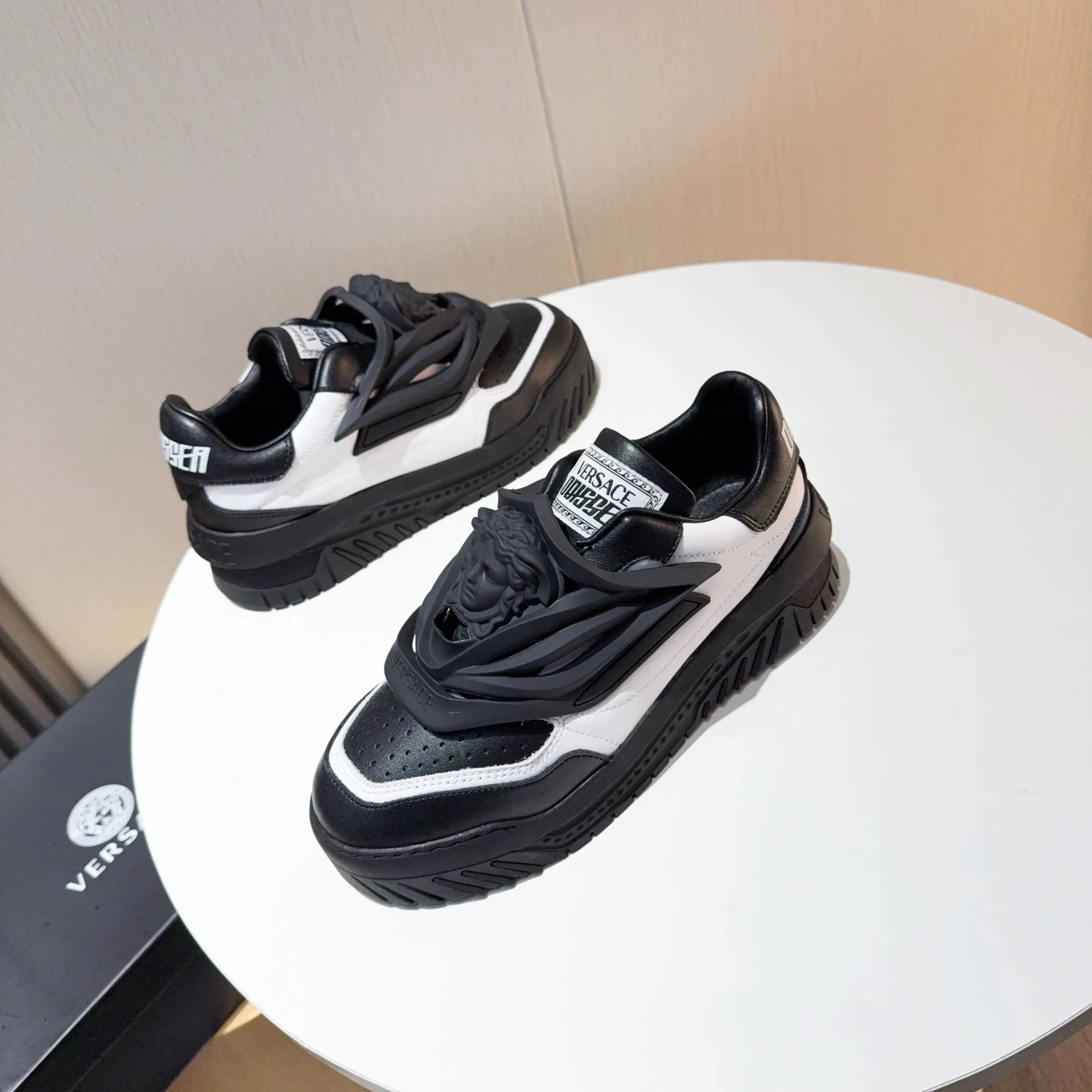 Luxury Leather Chunky Sneakers Ebony Ivory - Gallery Image 8 - Detailed View