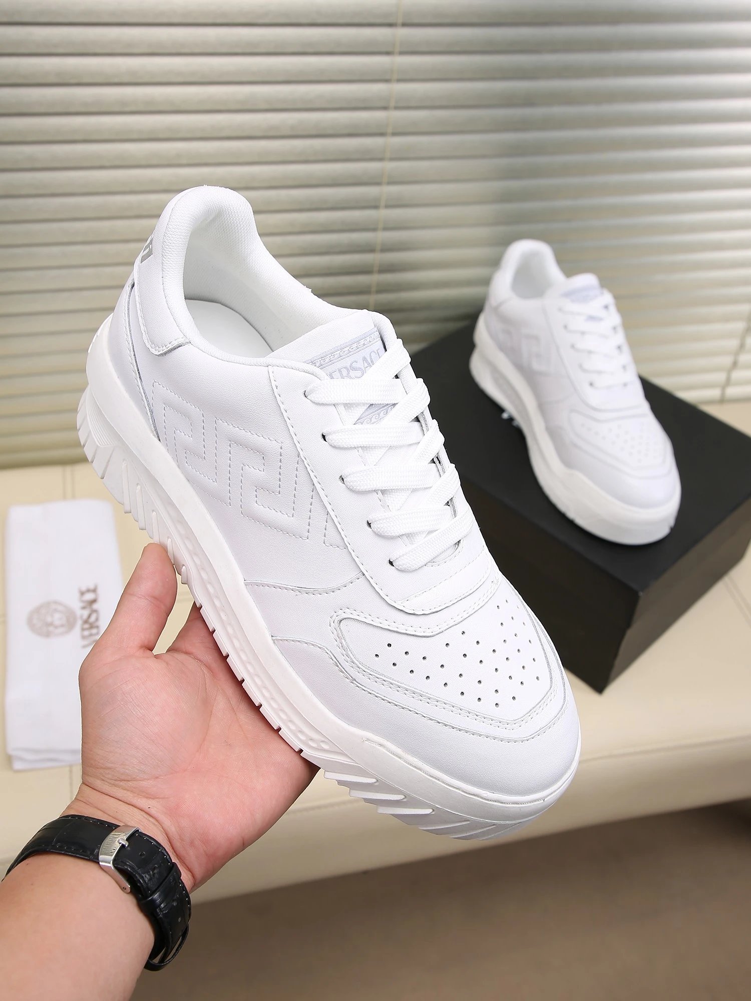 Grace Labyrinth Leather Sneakers Ivory White - Gallery Image 1 - Detailed View