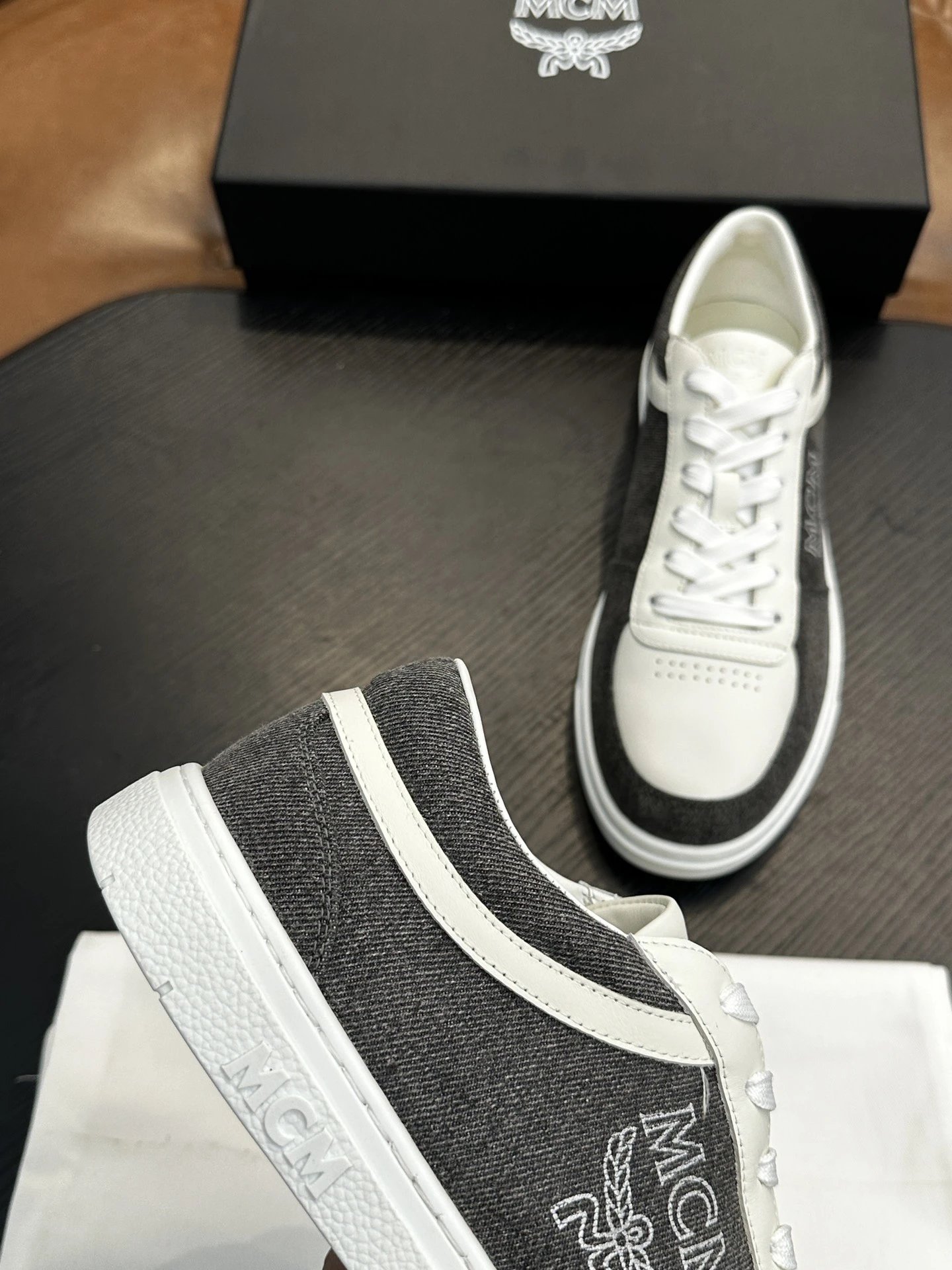 MCM Skystream Cubic Monogram Jacquard Sneaker White Grey - Gallery Image 7 - Detailed View