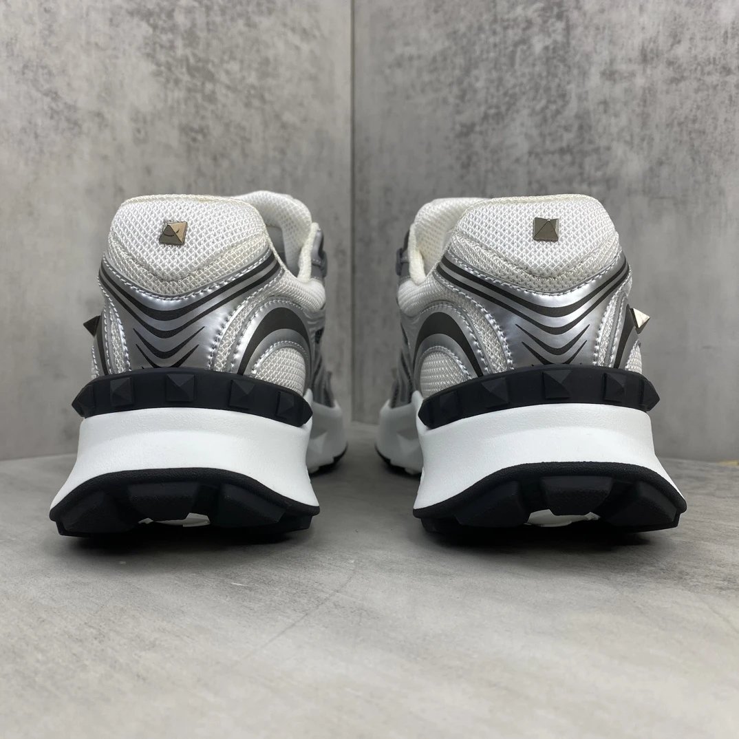 Chunky Leather Mesh Sneakers Metallic Silver - Gallery Image 5 - Detailed View