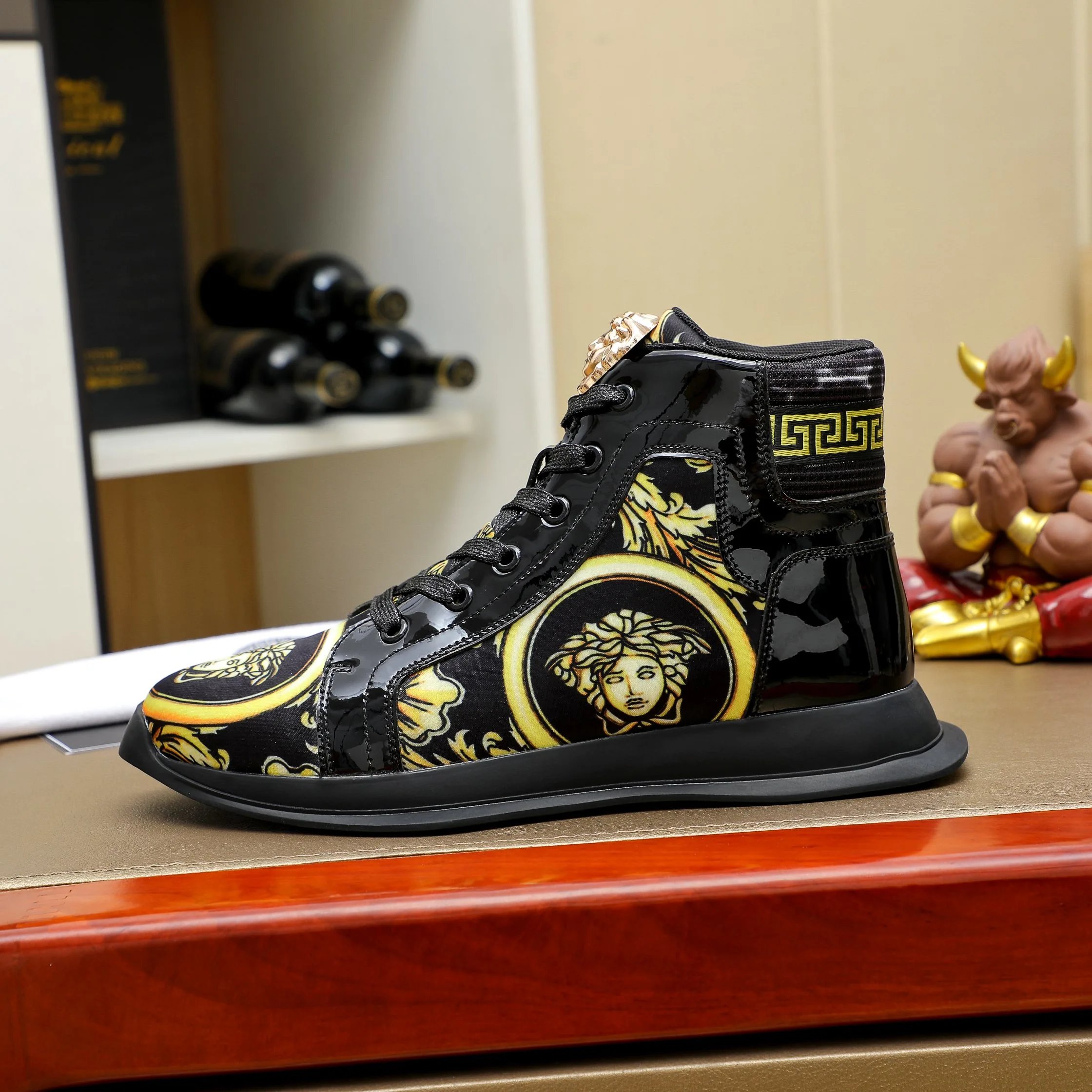 Luxury High Top Leather Sneakers Baroque Black Gold - Gallery Image 5 - Detailed View