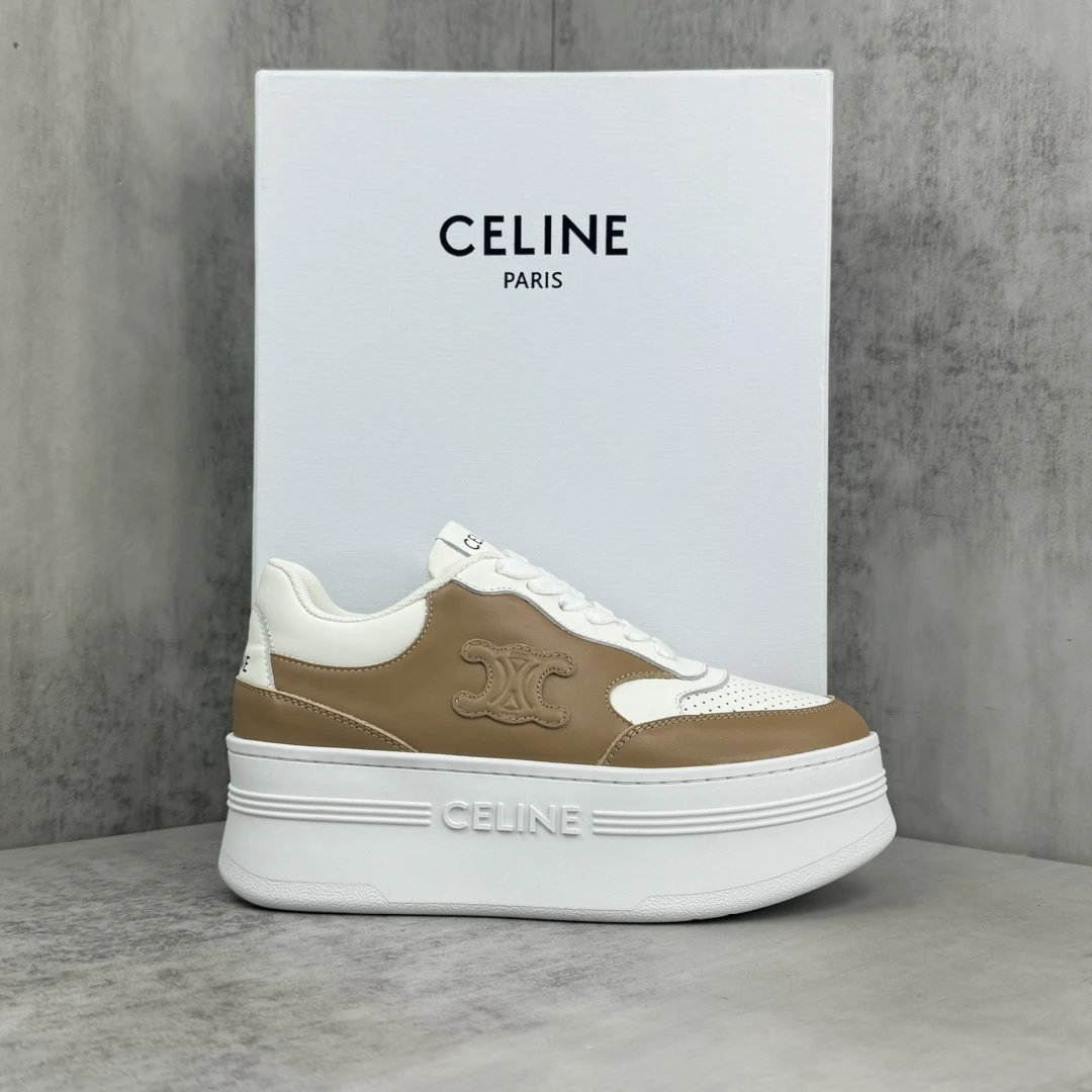 Platform Leather Sneakers High Top Breathable Tan White - Gallery Image 1 - Detailed View