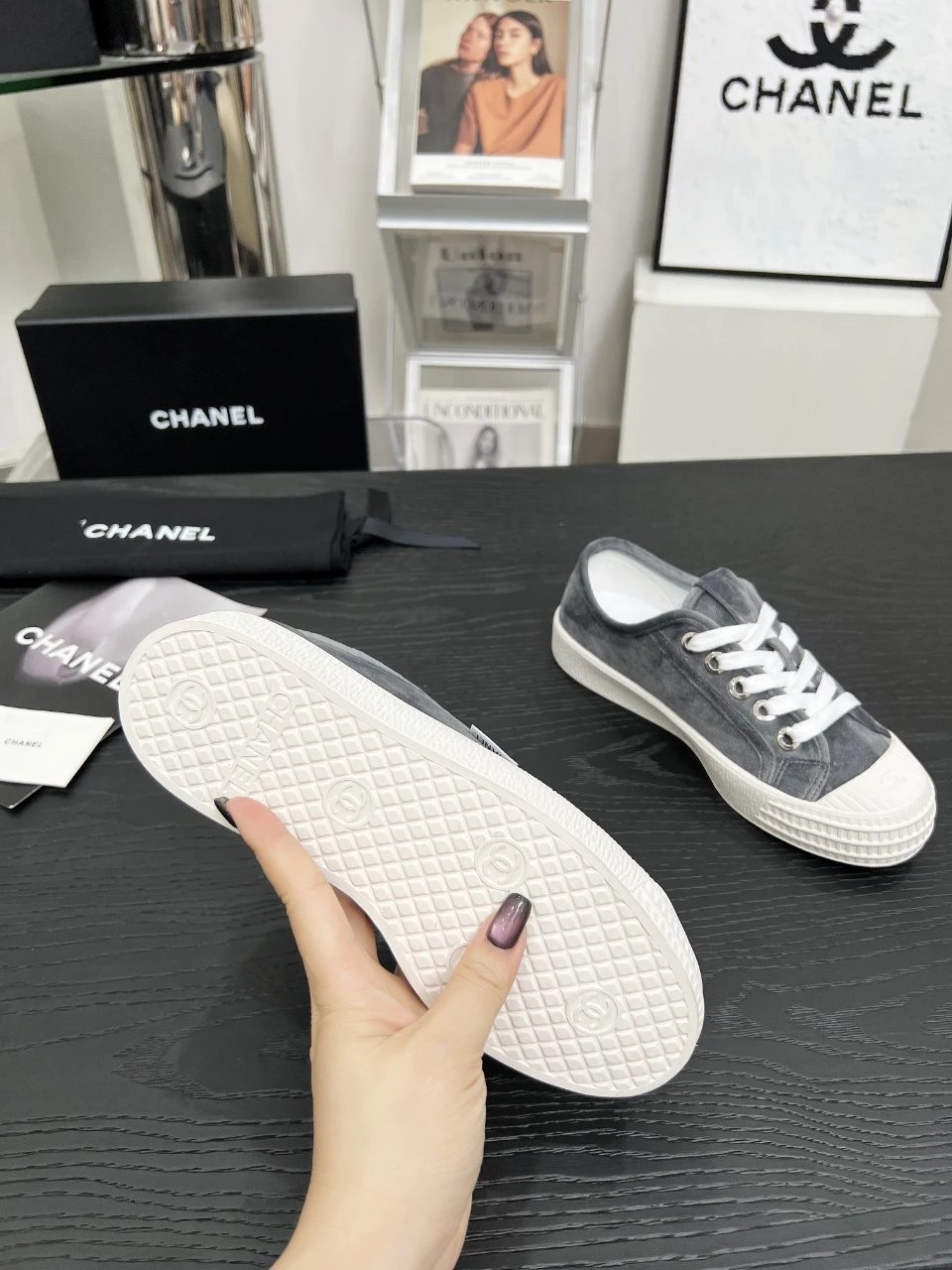 Chanel Vintage Velvet Sneakers Grey - Gallery Image 4 - Detailed View