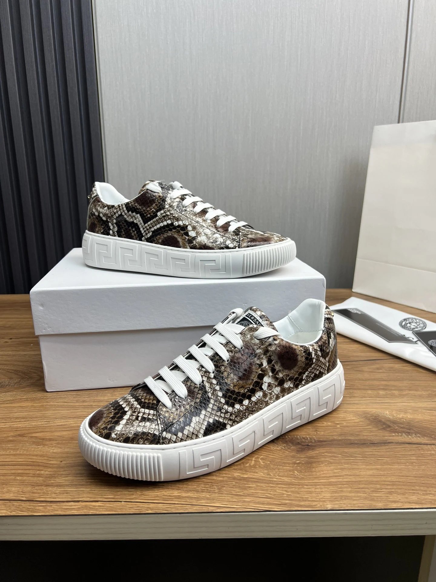 Luxury Snake Print Leather Sneakers Ivory - Gallery Image 4 - Detailed View
