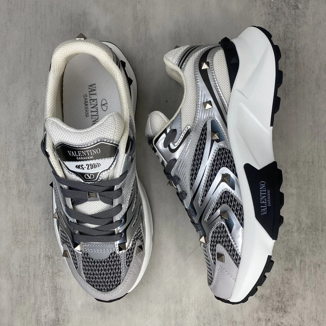 Chunky Leather Mesh Sneakers Metallic Silver - Gallery Image 3 - Detailed View