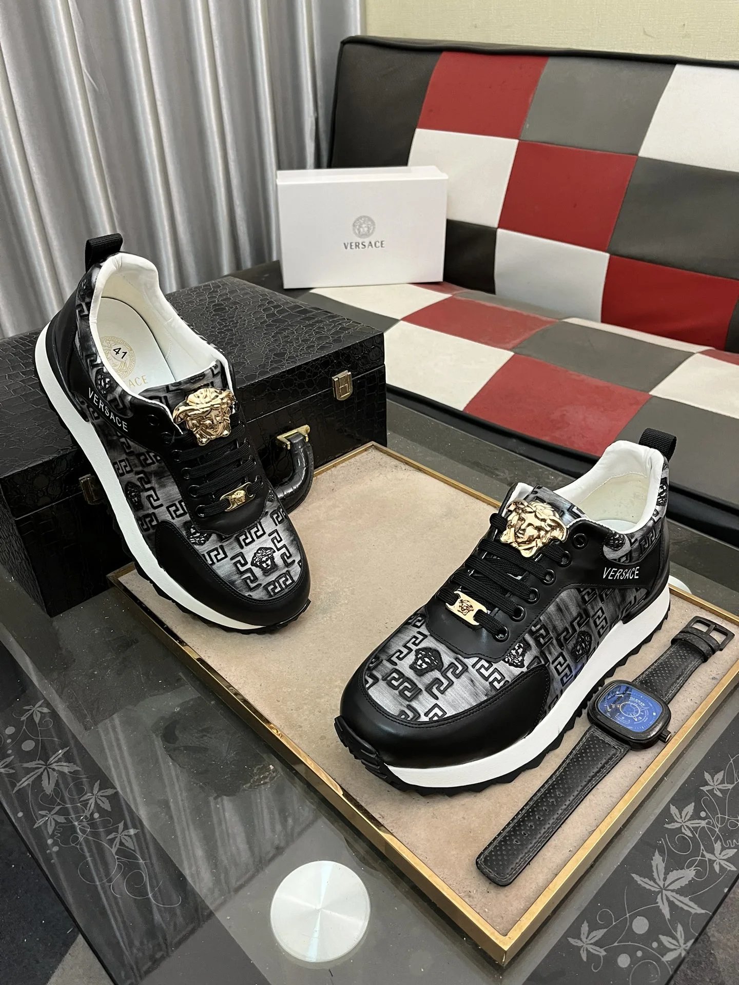 Luxury Leather Sneakers Greek Key Black - Gallery Image 3 - Detailed View