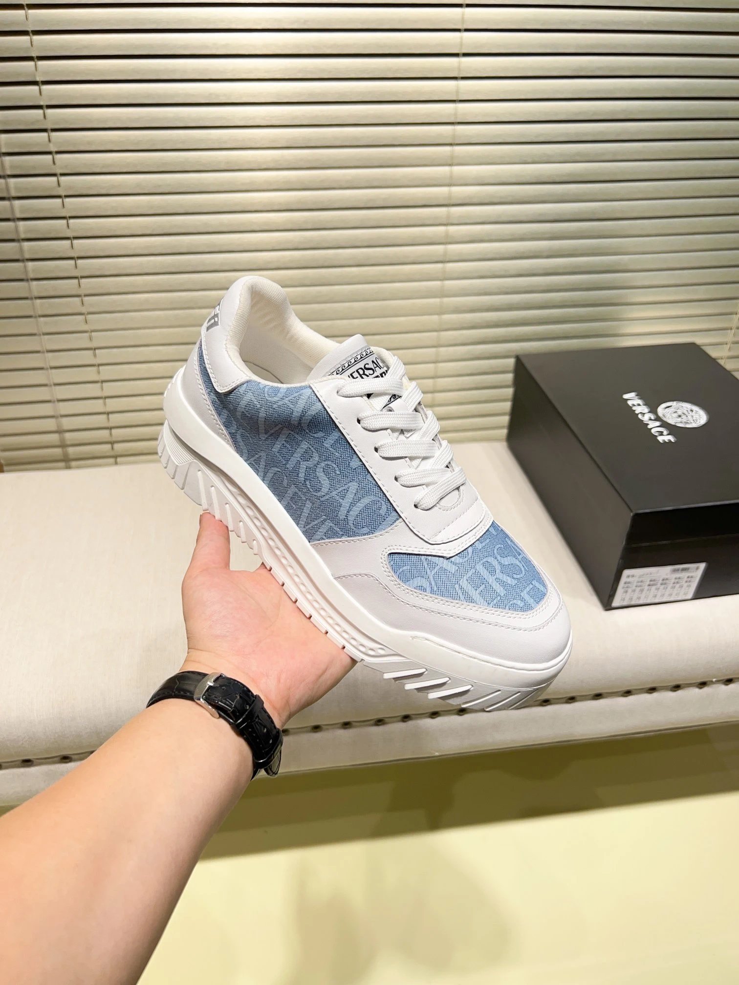 Grace Labyrinth Leather Sneakers Ice Blue - Gallery Image 2 - Detailed View