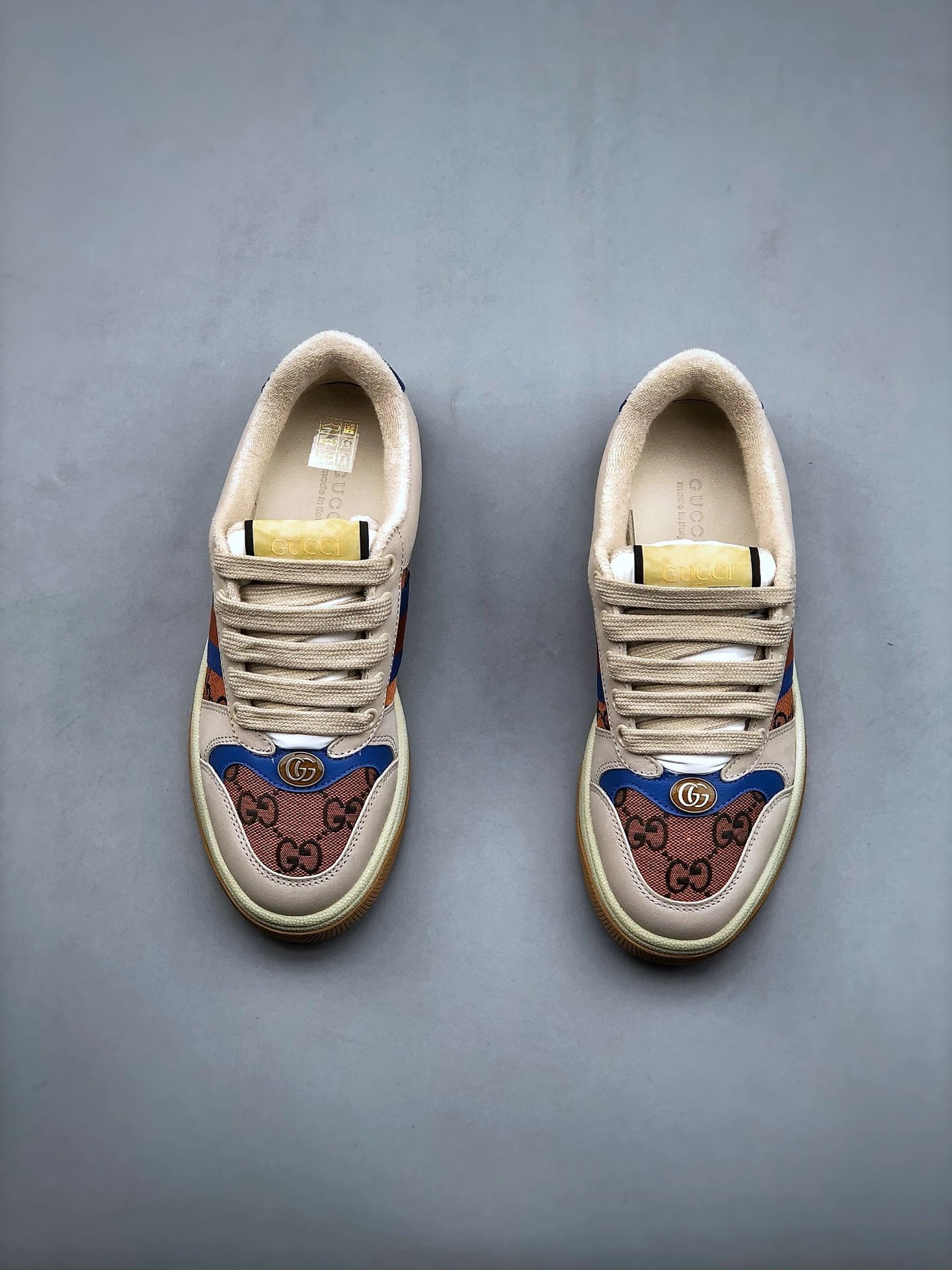 Gucci Distressed Screener Beige Blue Sneakers Blue Red - Gallery Image 5 - Detailed View