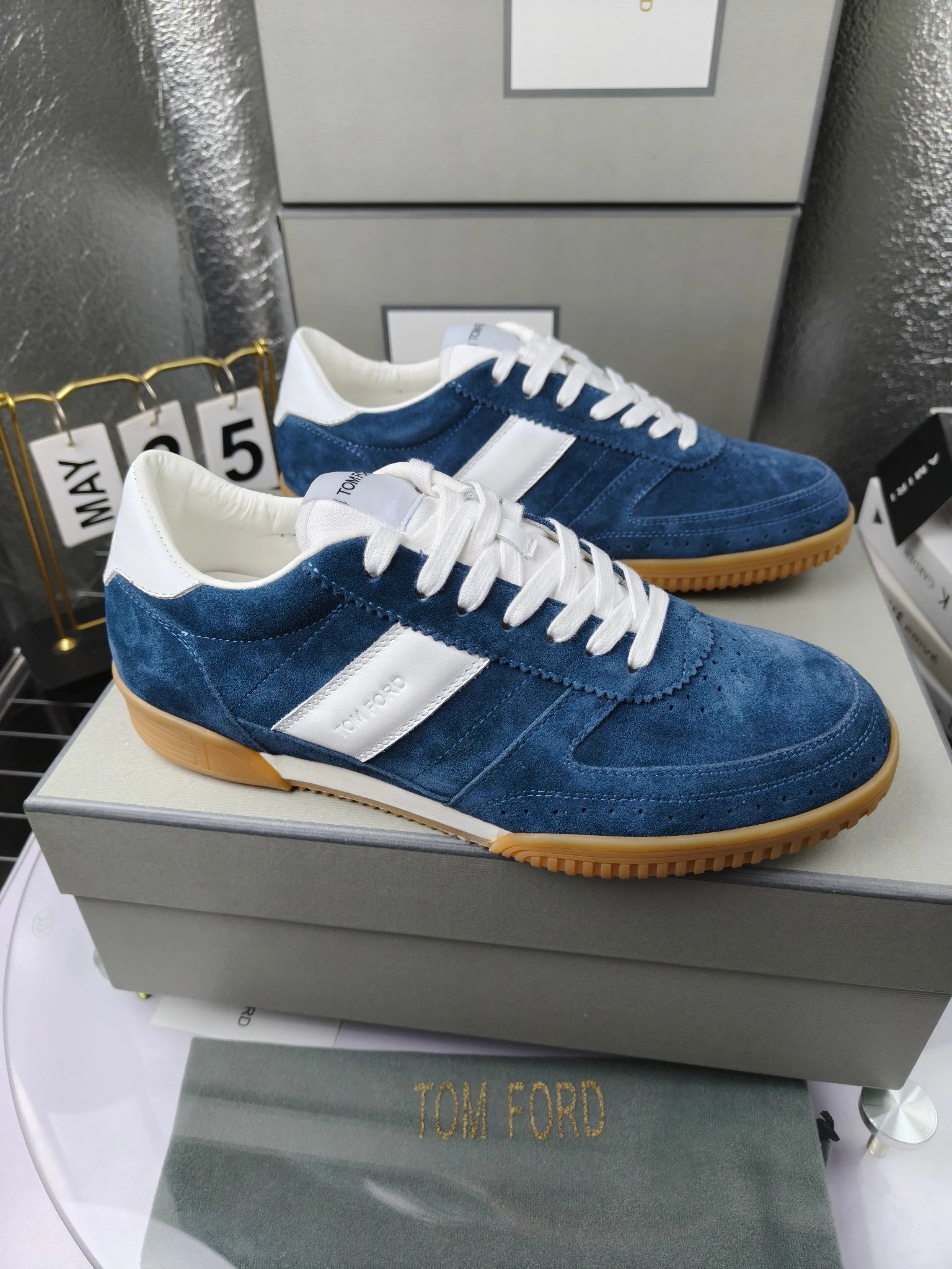 Suede Leather Sneakers Retro Gum Sole in Ocean Blue - Gallery Image 1 - Detailed View