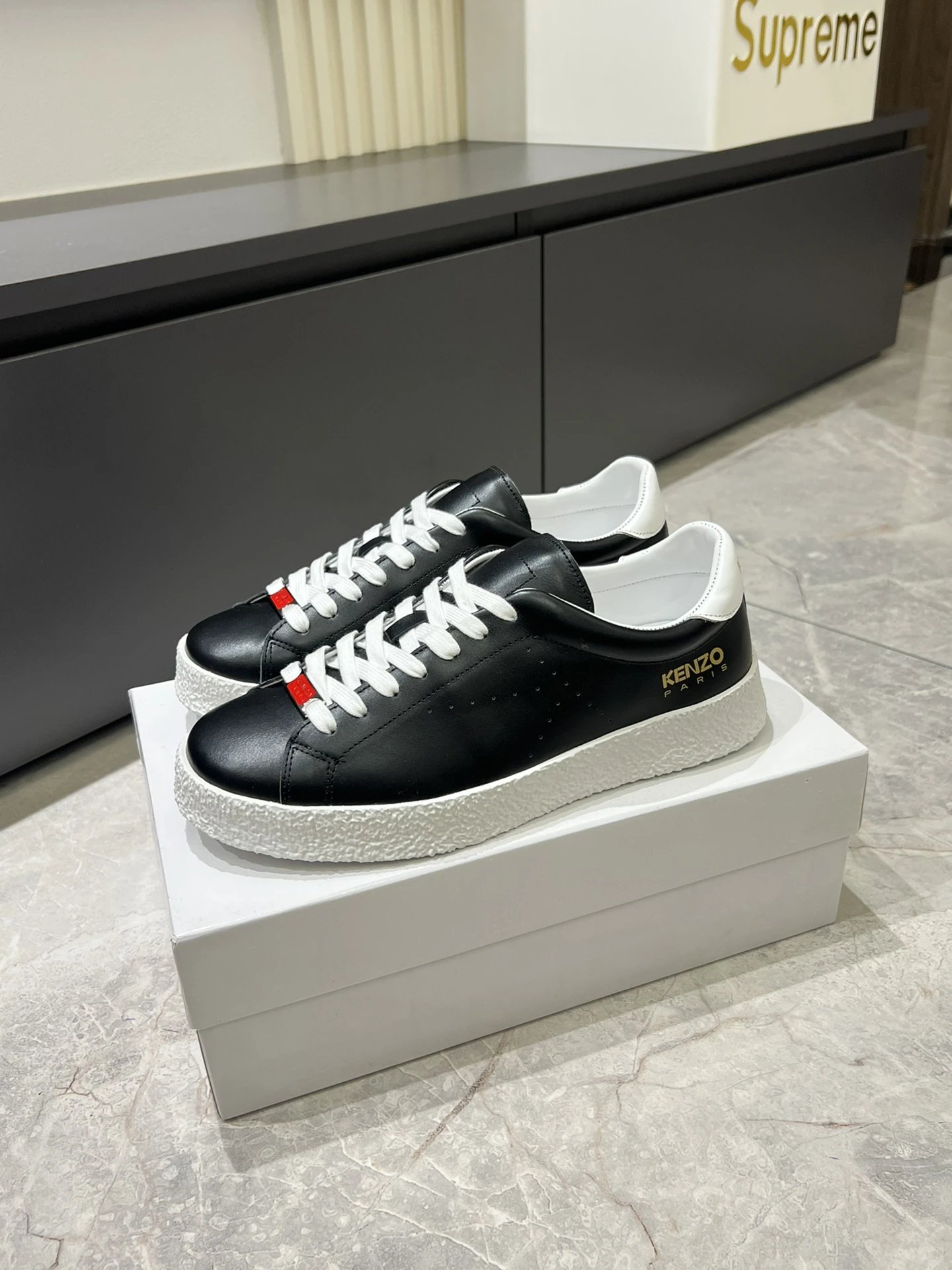 Kenzo Black Leather Sneakers White Accent - Gallery Image 4 - Detailed View