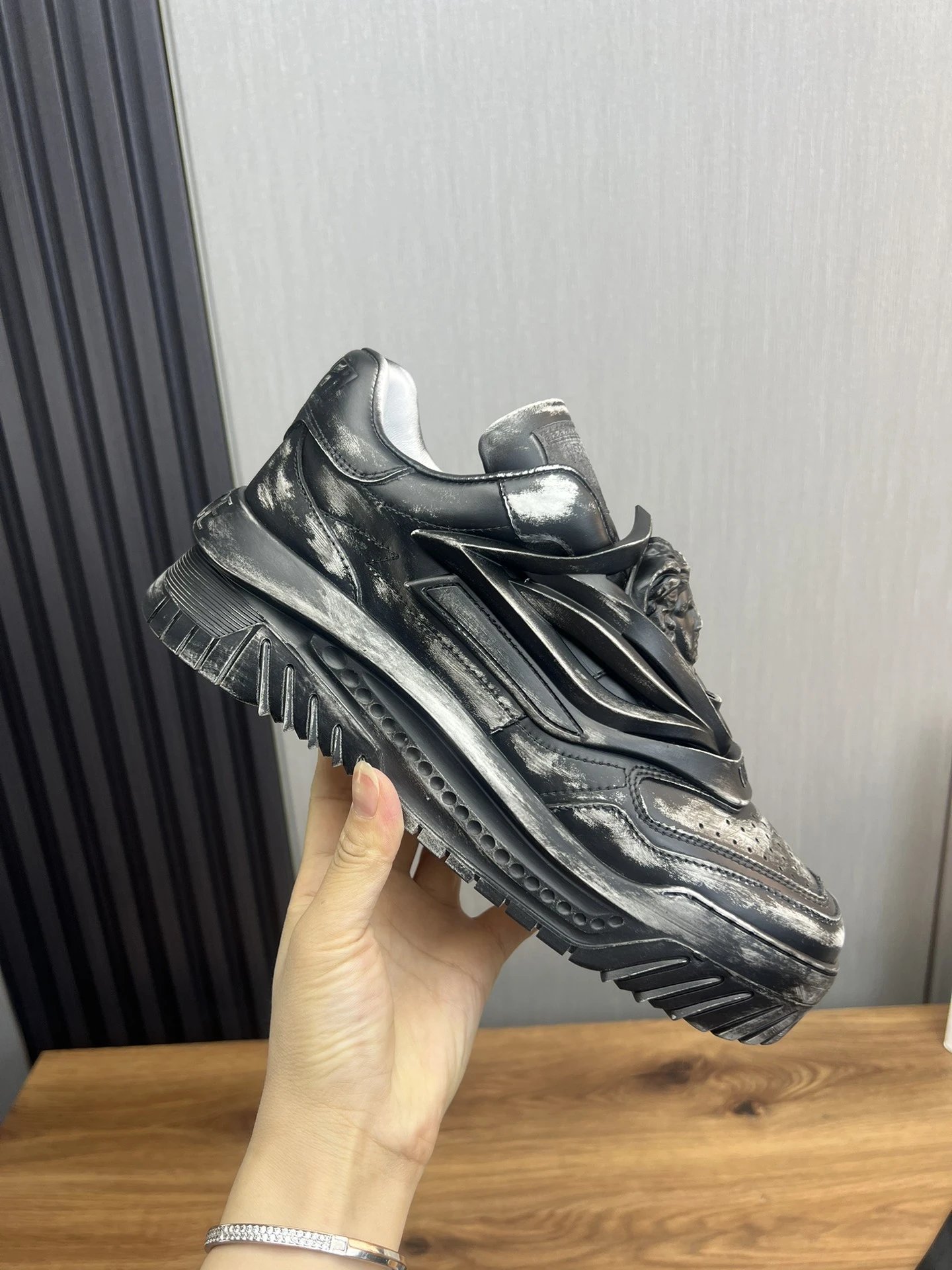 Luxury Leather Chunky Sneakers Charcoal Black - Gallery Image 4 - Detailed View