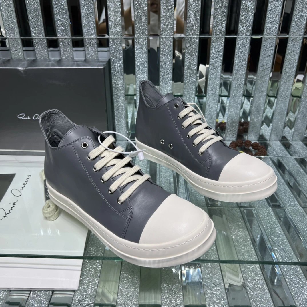 Rick Owens Leather Sneakers Gray - Gallery Image 3 - Detailed View