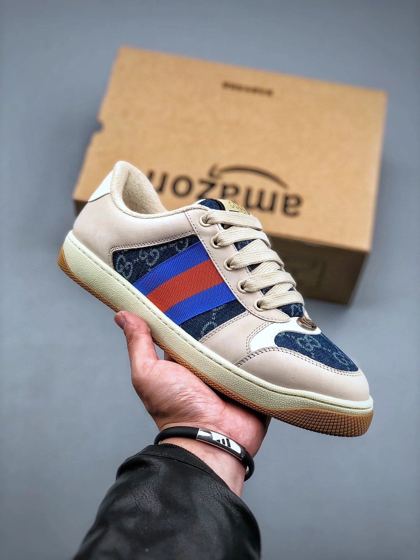 Gucci Distressed Screener Beige Sneaker Blue Red - Gallery Image 1 - Detailed View
