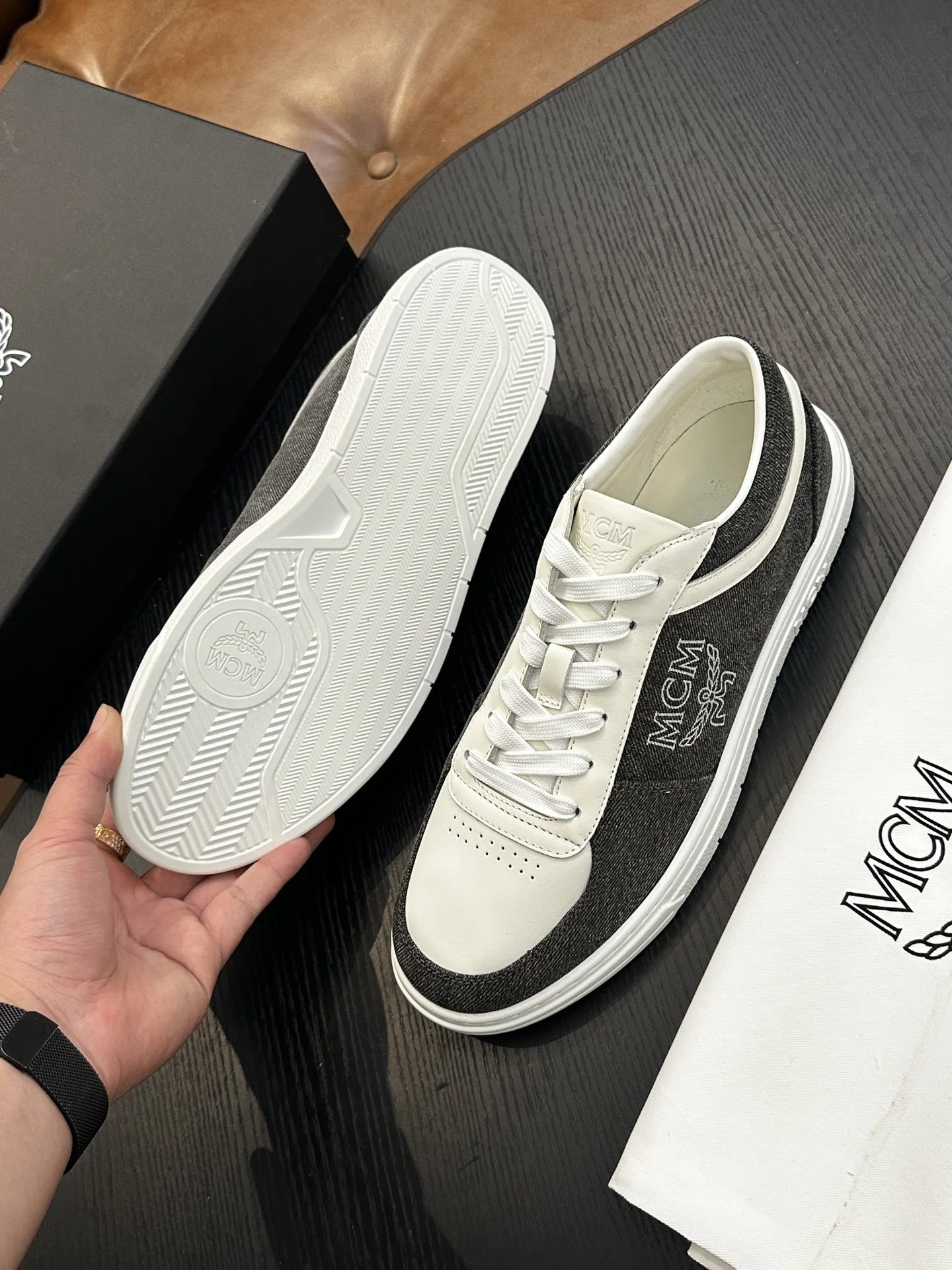 MCM Skystream Cubic Monogram Jacquard Sneaker White Grey - Gallery Image 9 - Detailed View