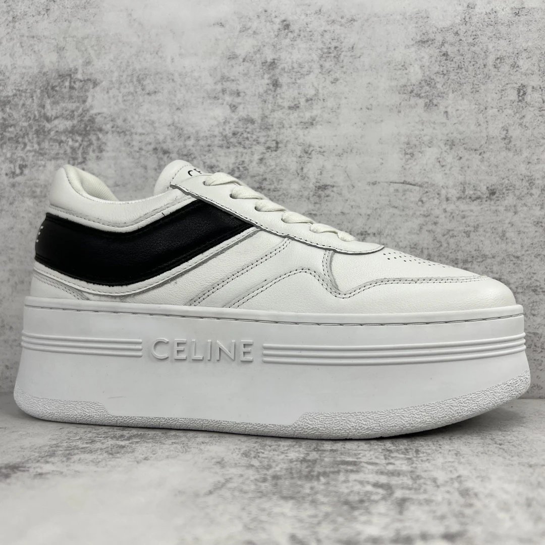 Platform Leather Sneakers with Triomphe Design in Ivory Black - Gallery Image 6 - Detailed View