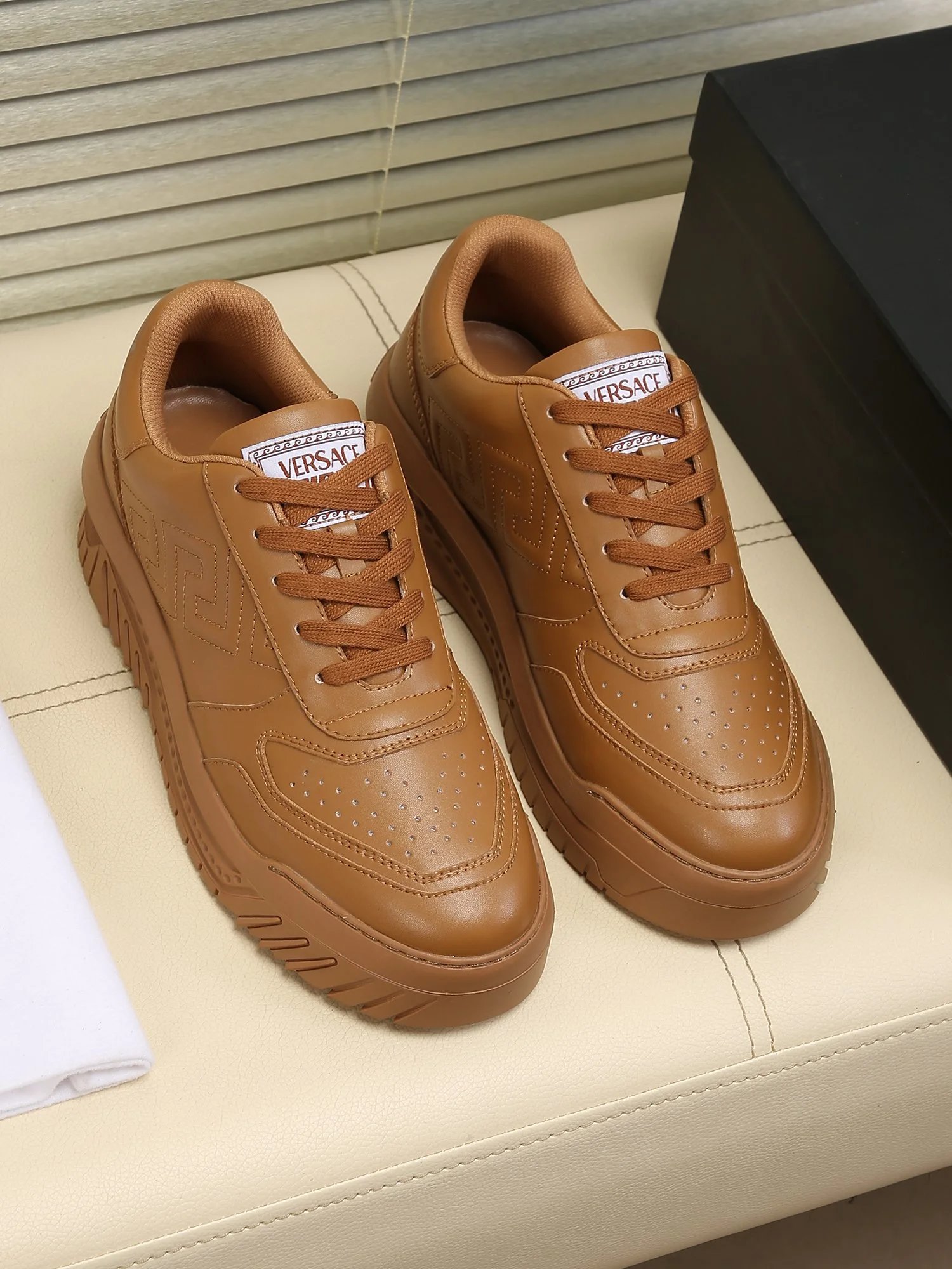 Luxury Leather Labyrinth Sneakers Caramel Brown - Gallery Image 3 - Detailed View