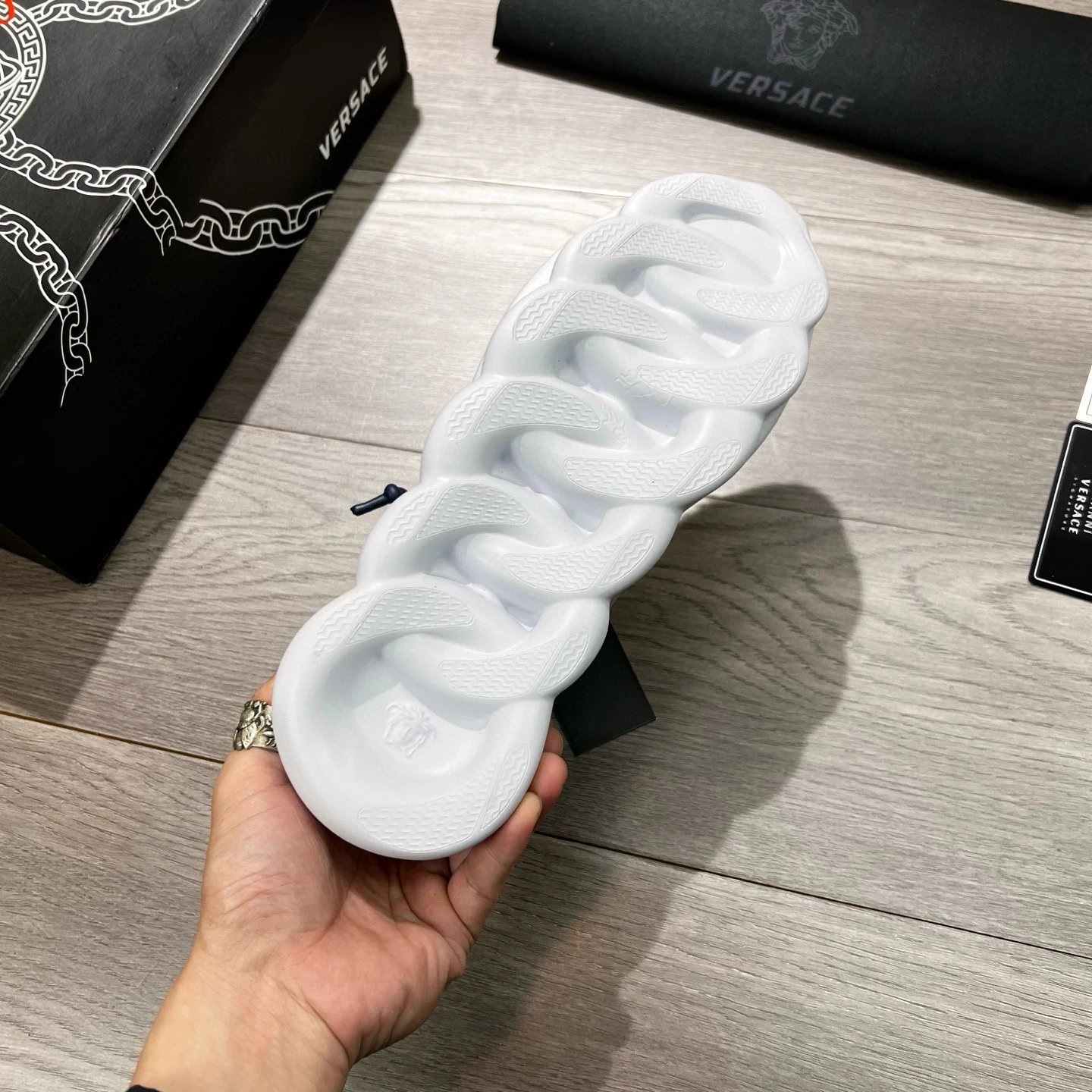 Baroque Print Leather Sneakers with White Sole in Royal Blue - Gallery Image 9 - Detailed View