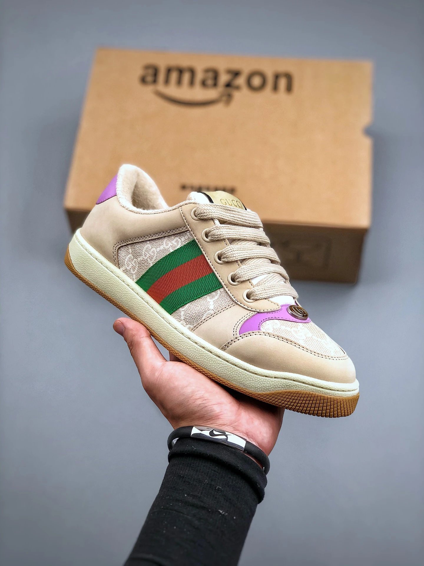 Gucci Distressed Screener Beige Pink Sneakers Green Red - Gucci - Cnfans - $49.68