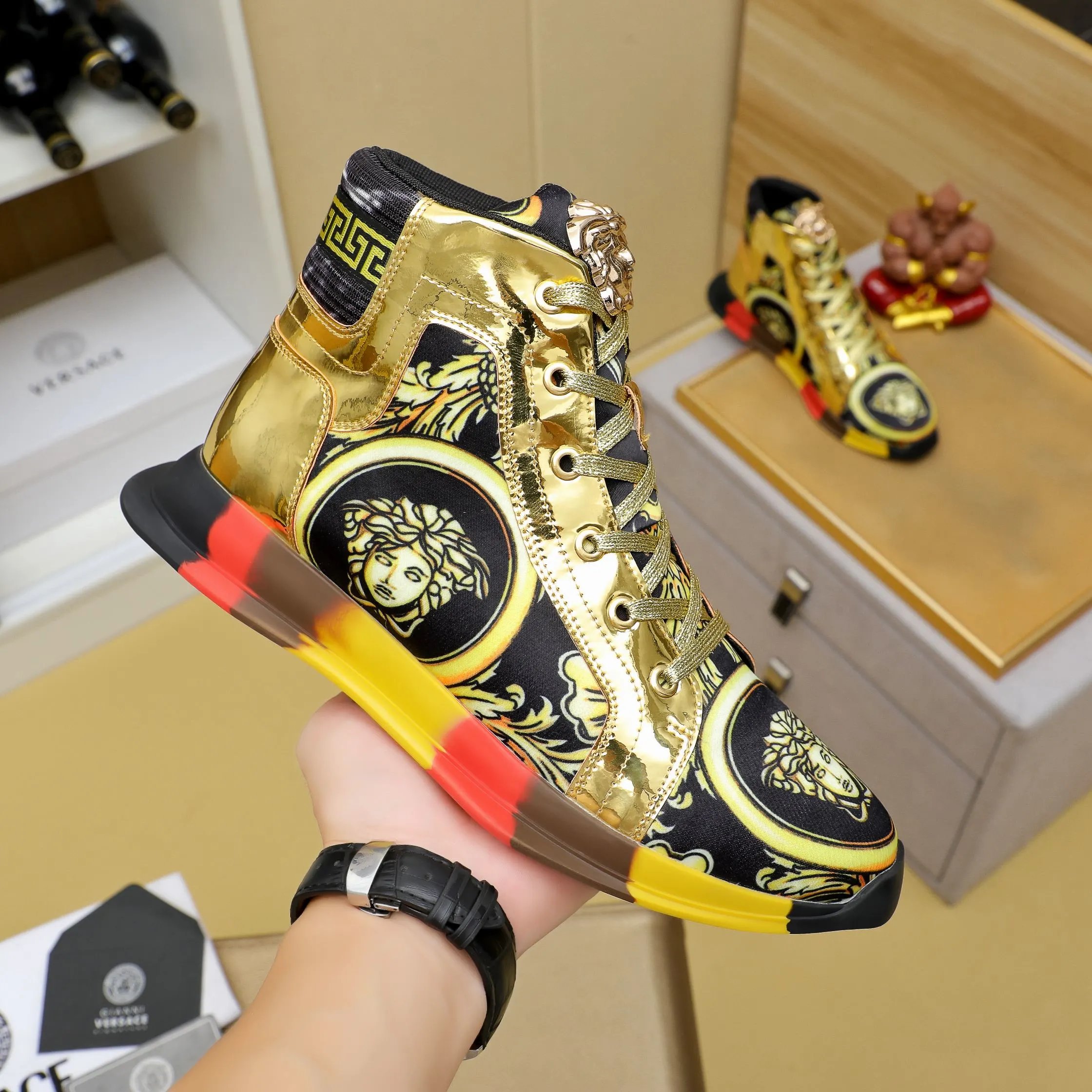 Luxury Lambskin High Top Sneakers Gold - Gallery Image 3 - Detailed View