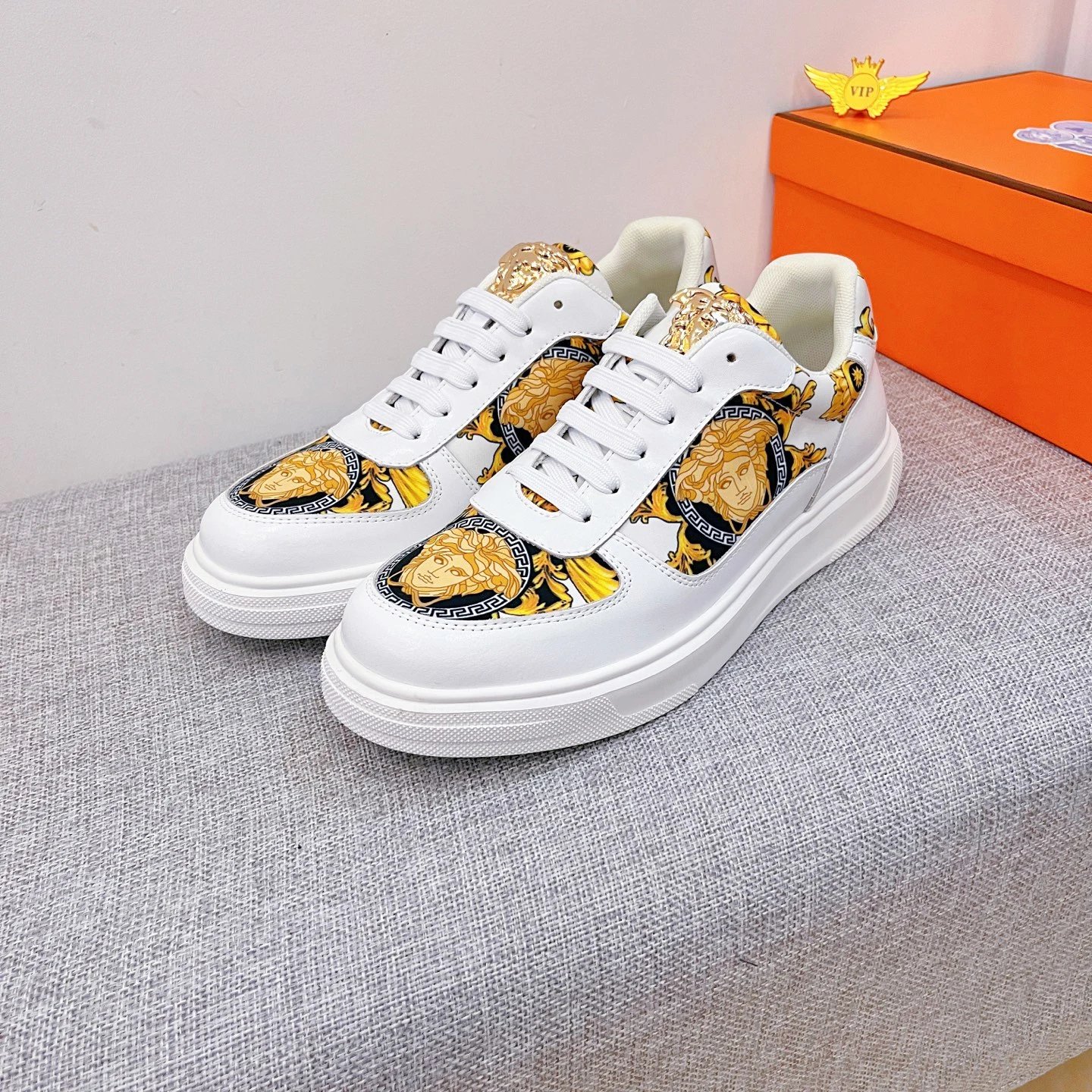 Luxury Leather Low Top Sneakers Baroque Gold White - Gallery Image 2 - Detailed View