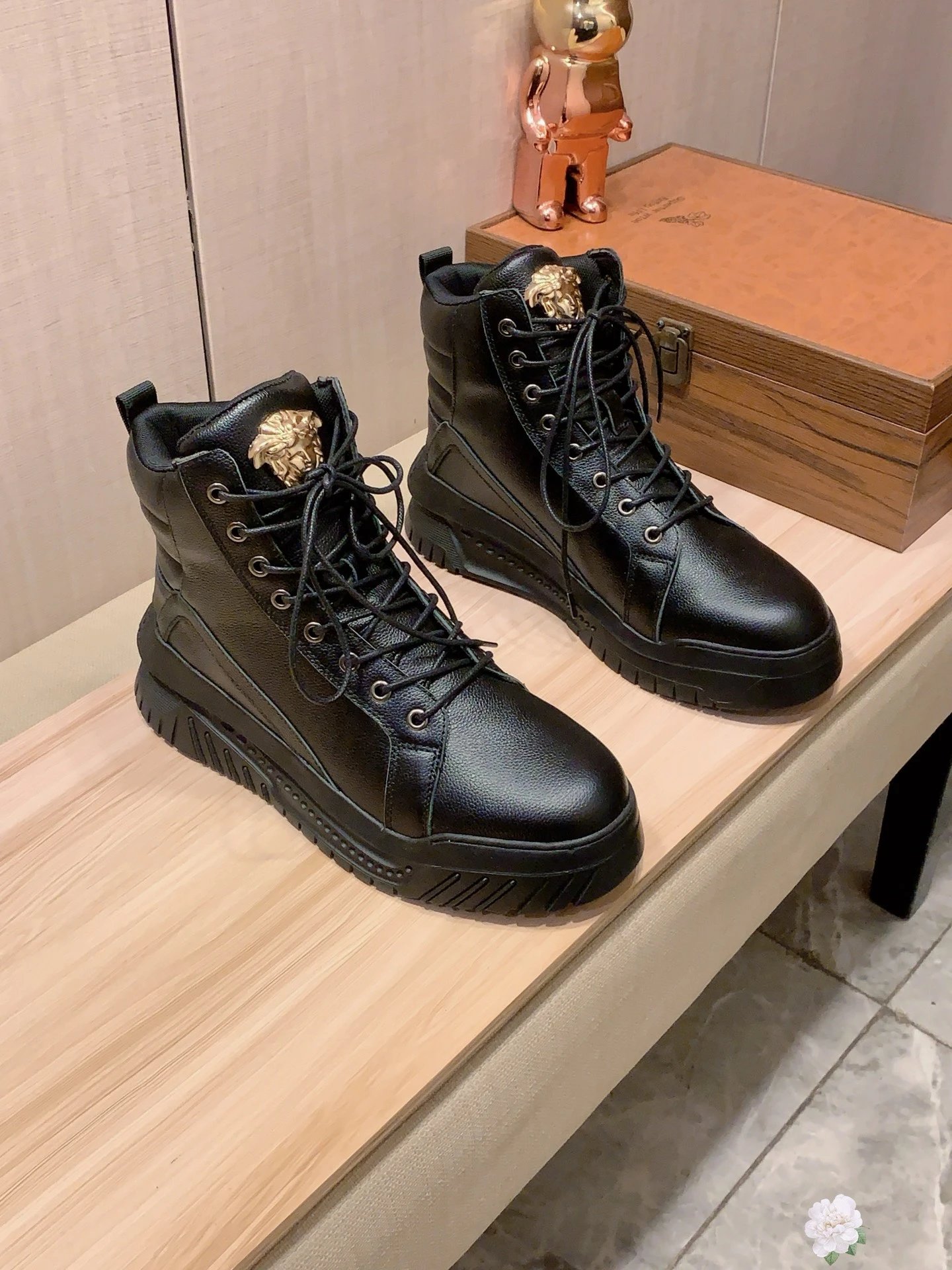 High Top Leather Sneakers Gold Black - Gallery Image 2 - Detailed View