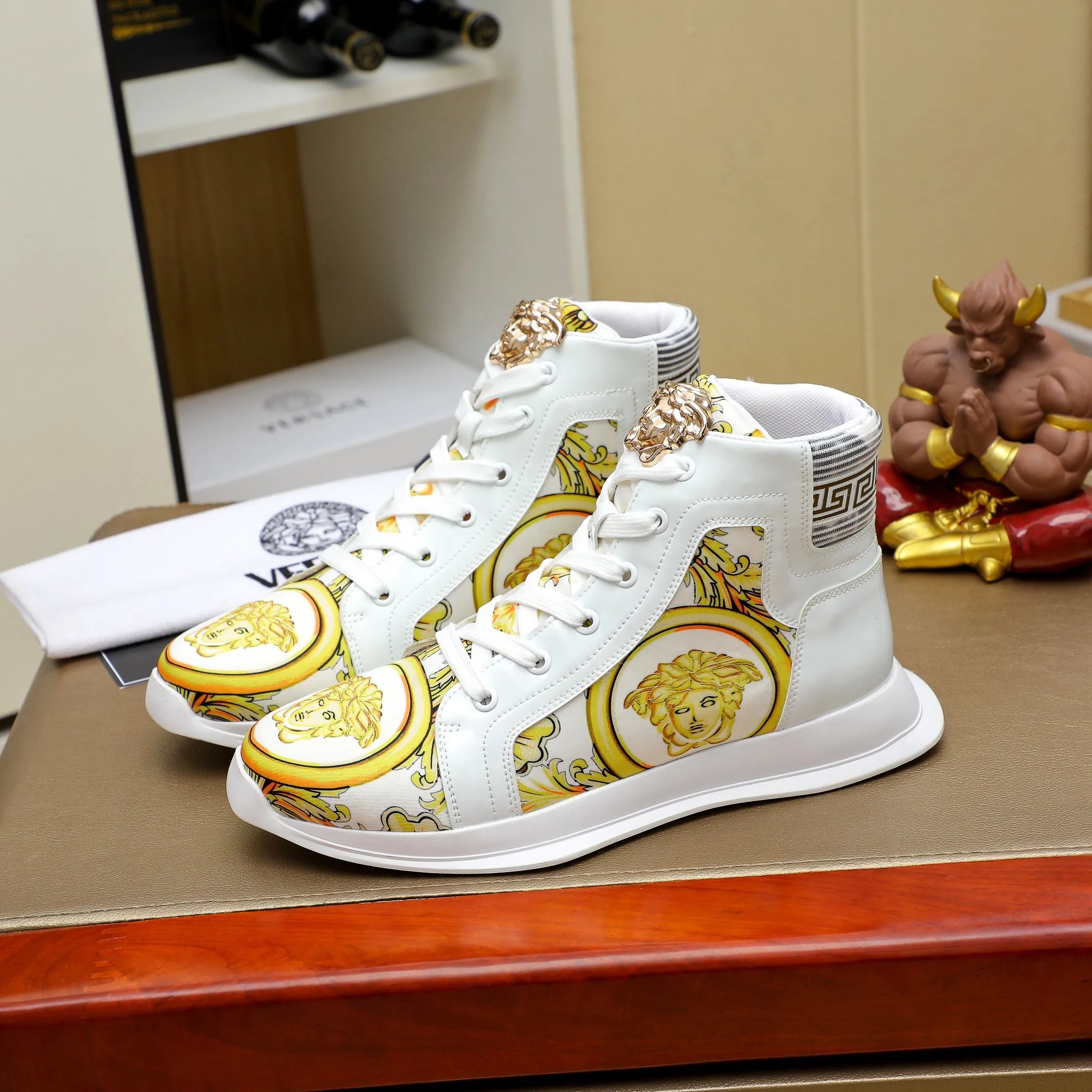 Baroque High Top Leather Sneakers White Gold - Versace - Cnfans - $54.84
