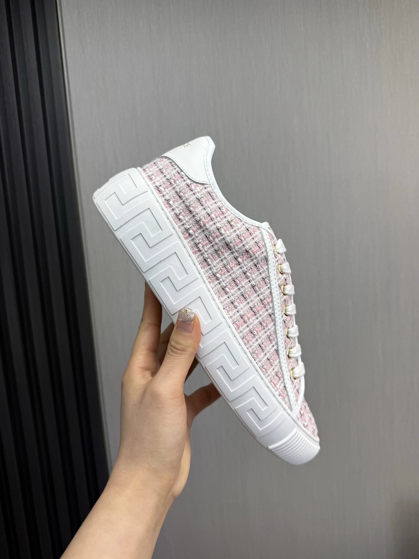 Tweed Leather Low Top Sneakers Blush Pink - Gallery Image 7 - Detailed View