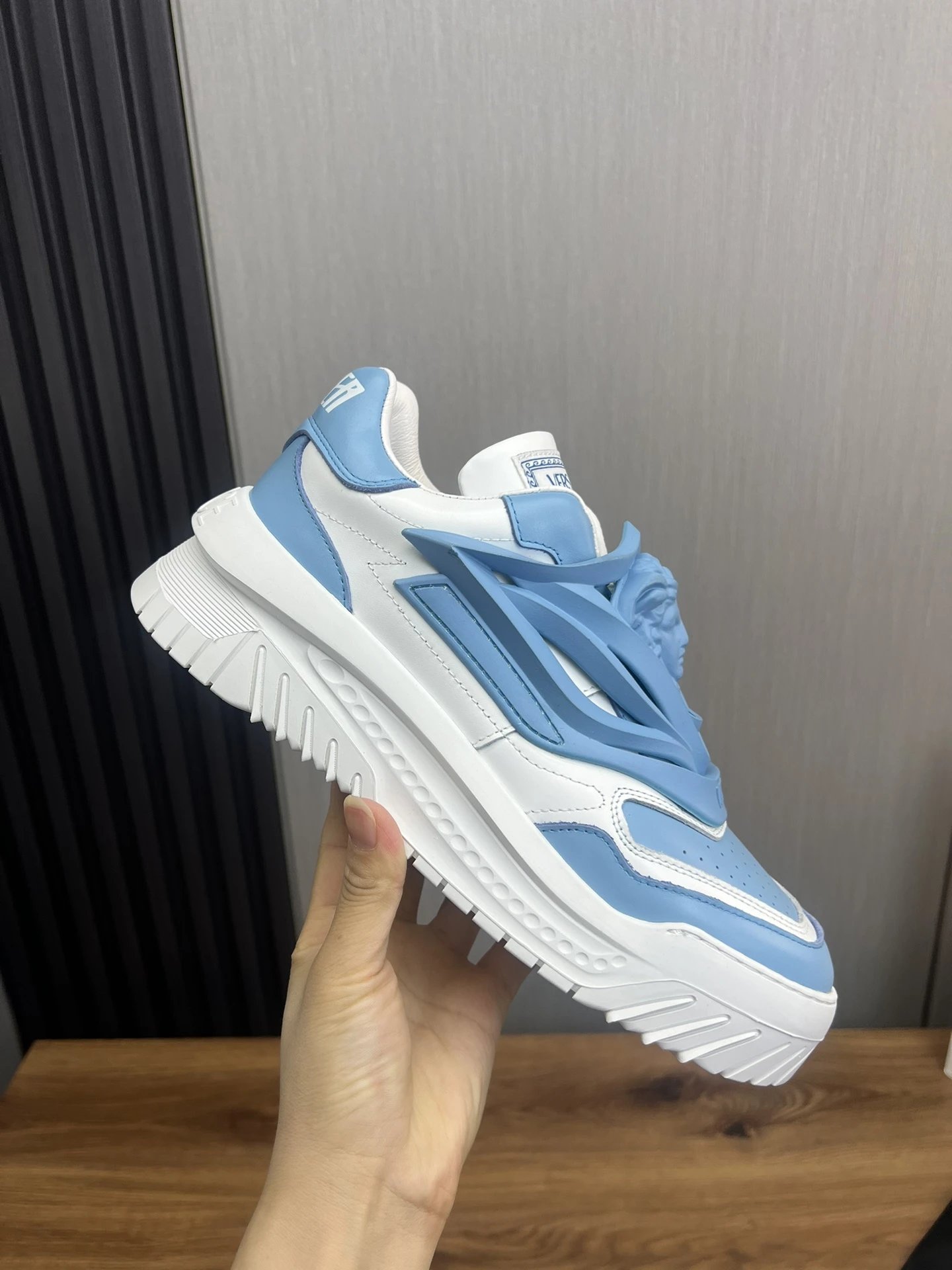 Luxury Leather Low Top Sneakers Mens Powder Blue - Gallery Image 4 - Detailed View