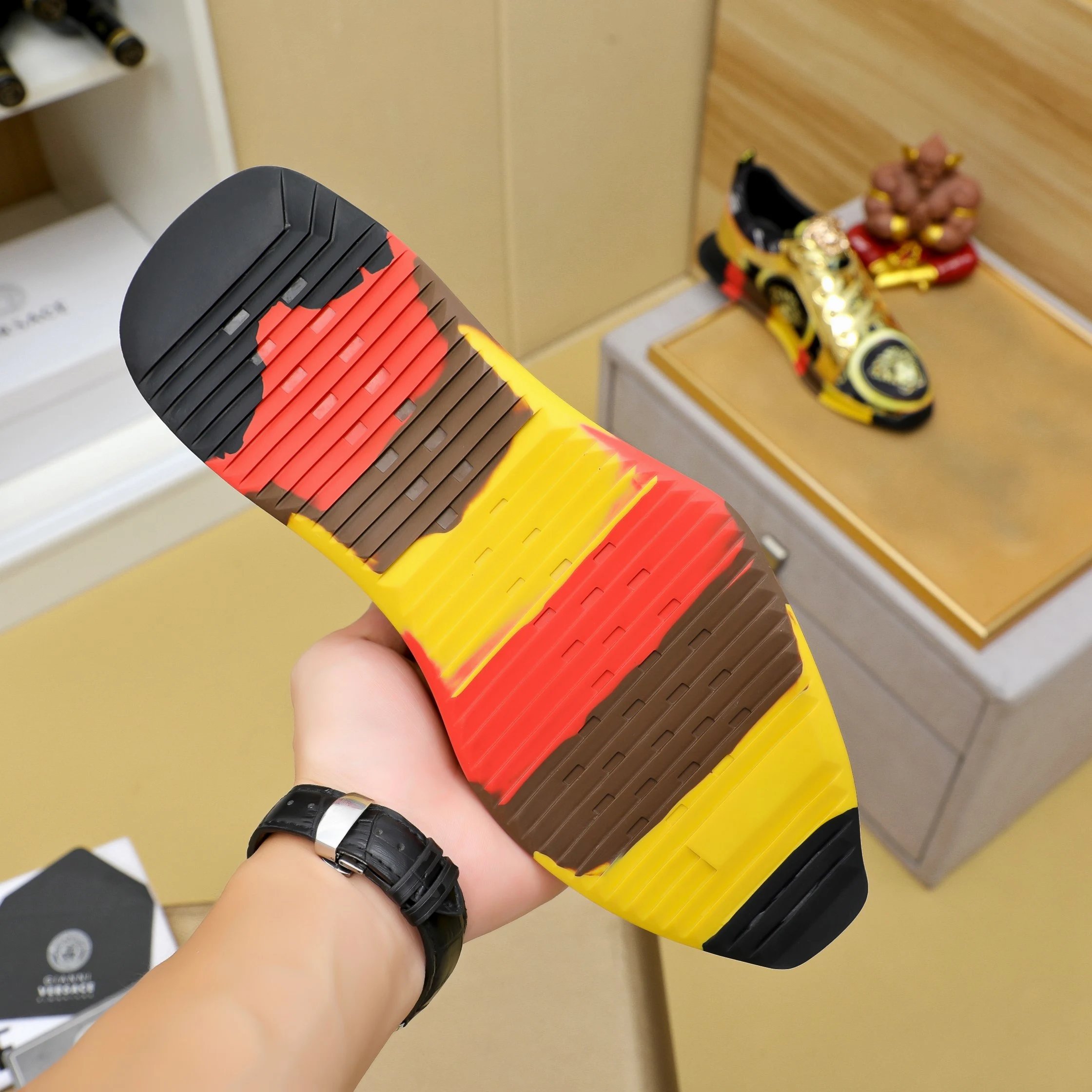 Luxury Mixed Material Sneakers Gold Black - Gallery Image 9 - Detailed View