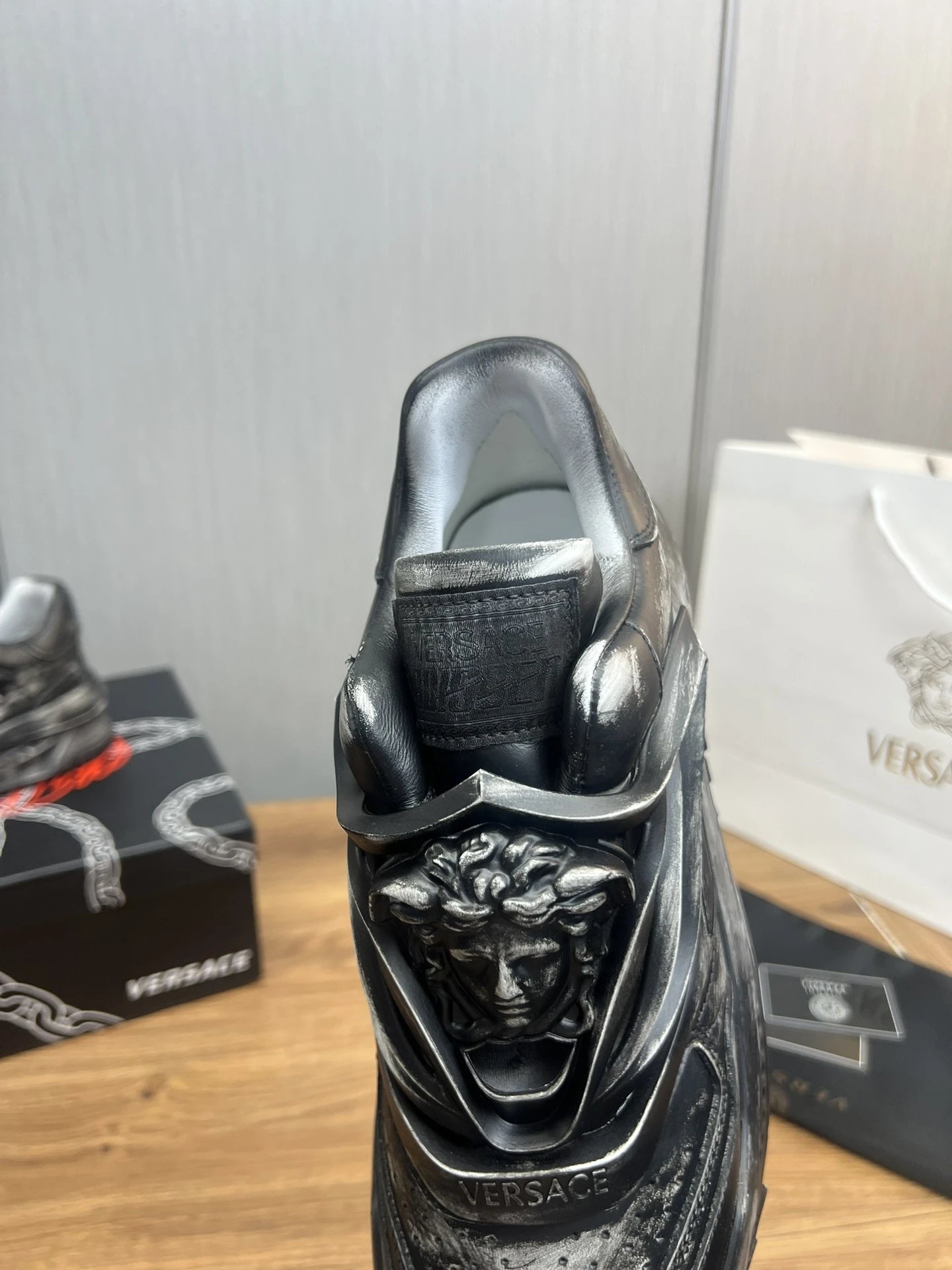 Luxury Leather Chunky Sneakers Charcoal Black - Gallery Image 8 - Detailed View