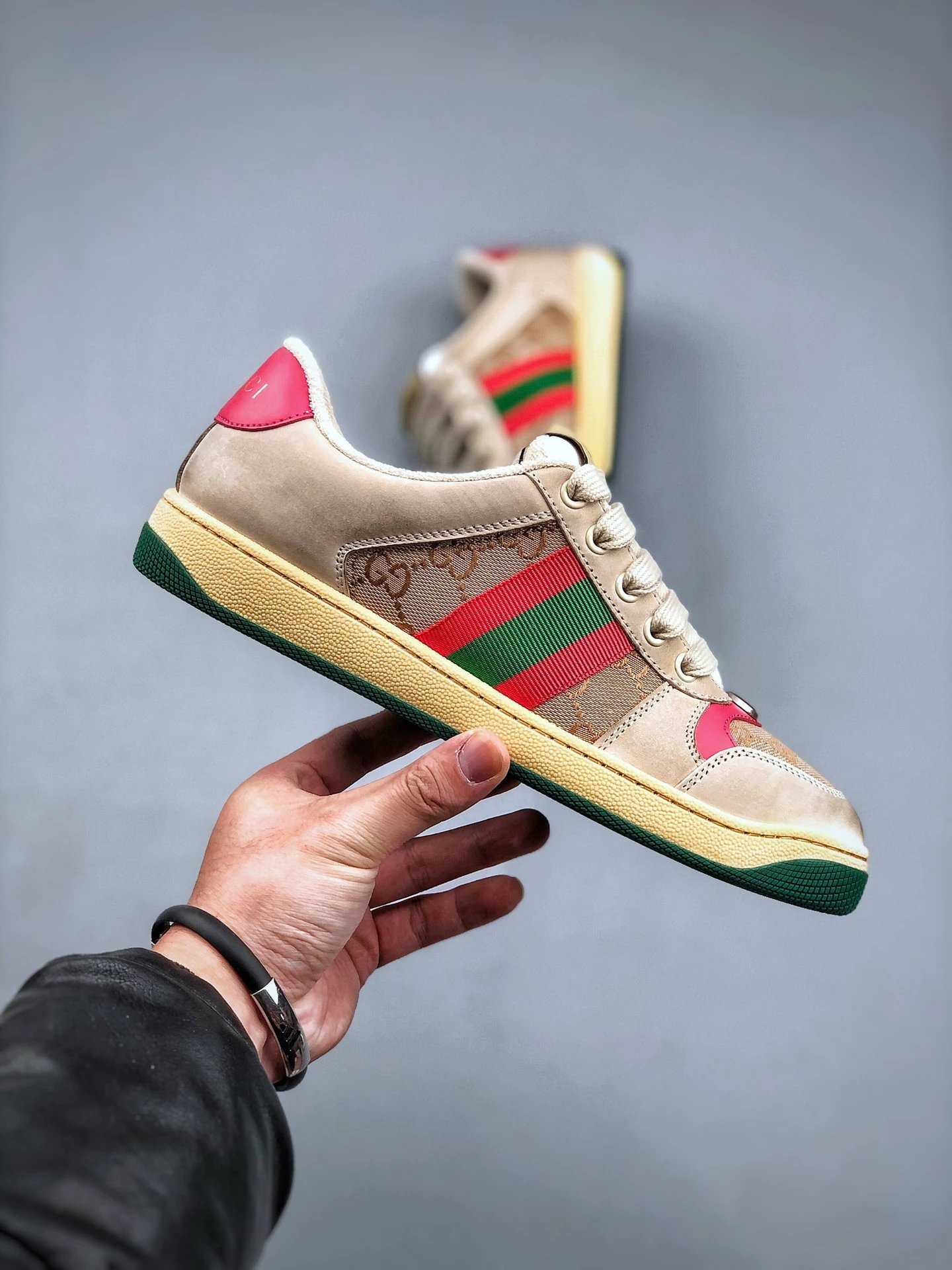 Gucci Distressed Screener Beige Pink Sneakers Red Green - Gallery Image 4 - Detailed View