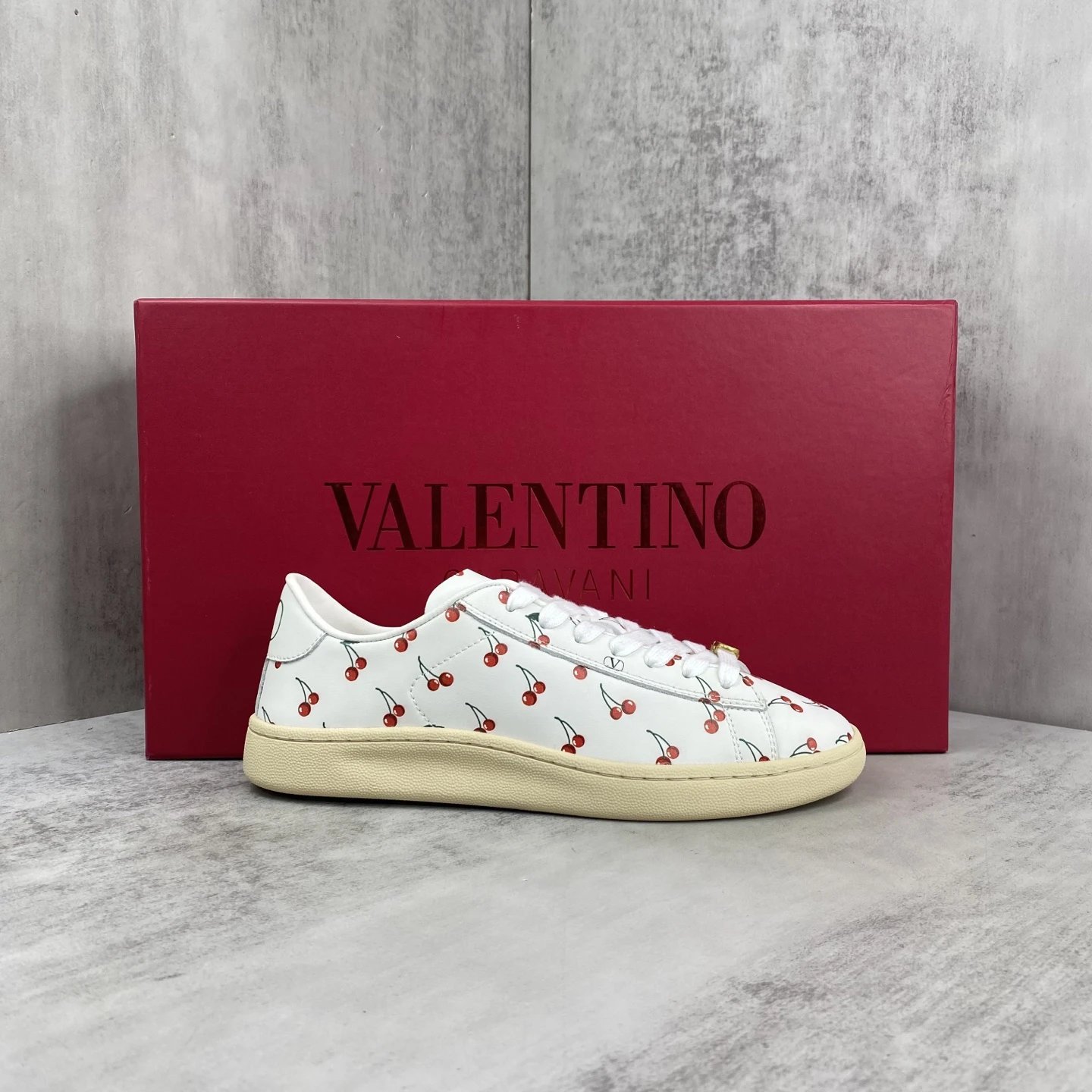 Cherry Print Leather Low Top Sneakers Ivory - Gallery Image 1 - Detailed View