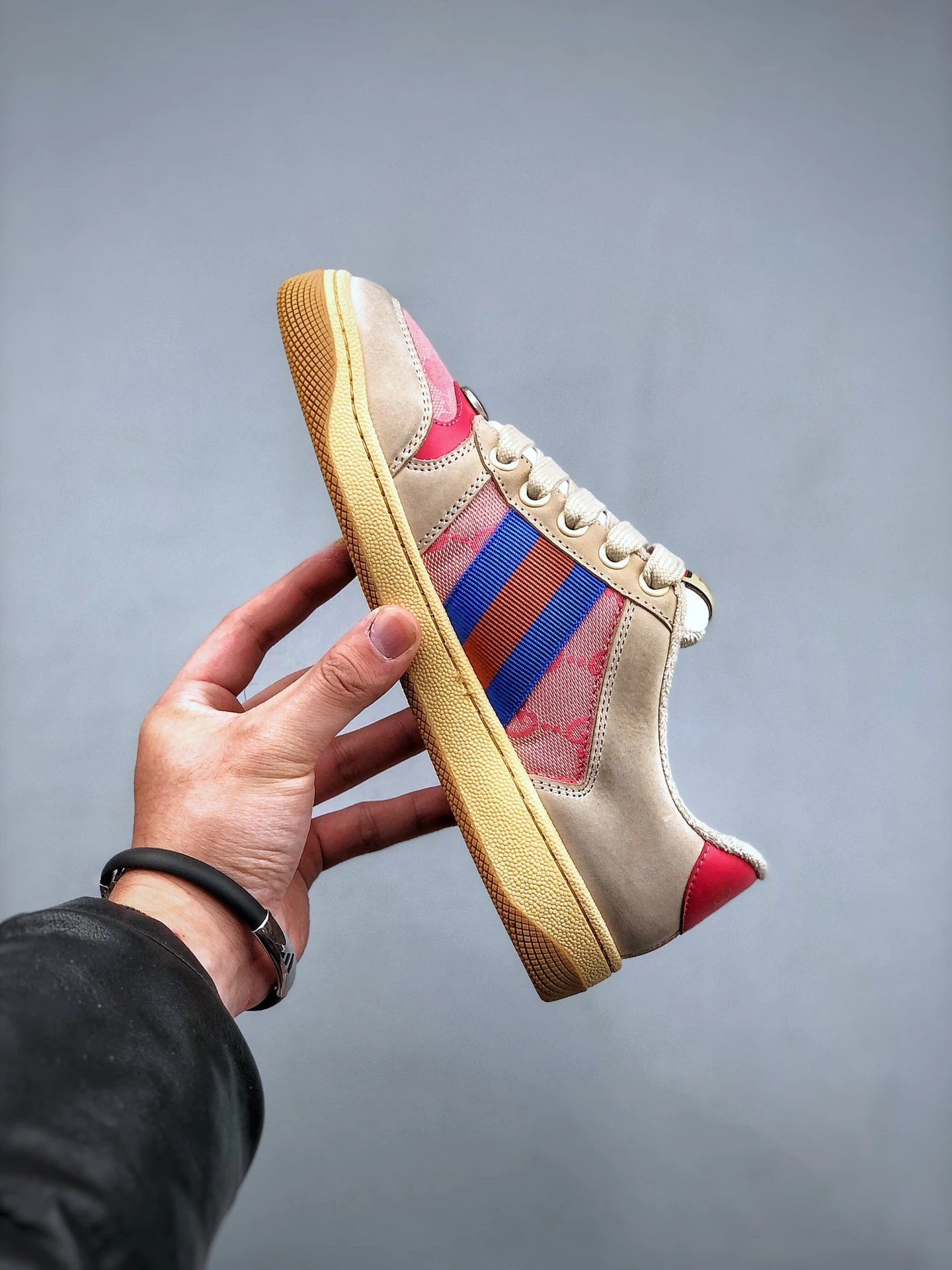 Gucci Distressed Screener Beige Pink Sneakers Blue Red - Gallery Image 2 - Detailed View