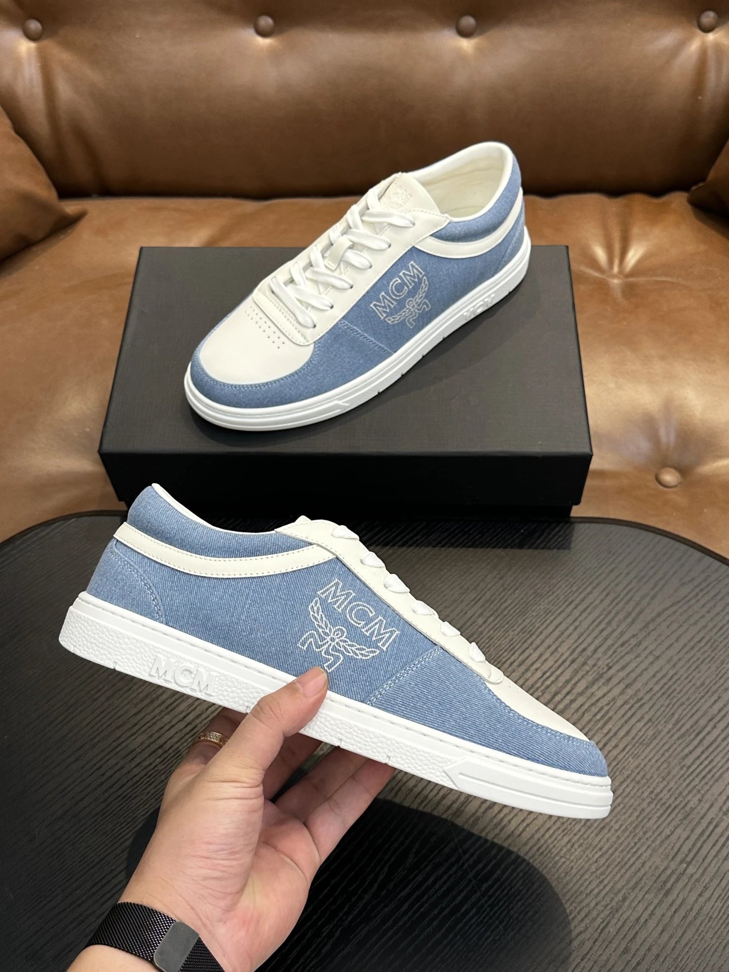 MCM Skystream Cubic Monogram Jacquard Sneaker Blue - Gallery Image 6 - Detailed View