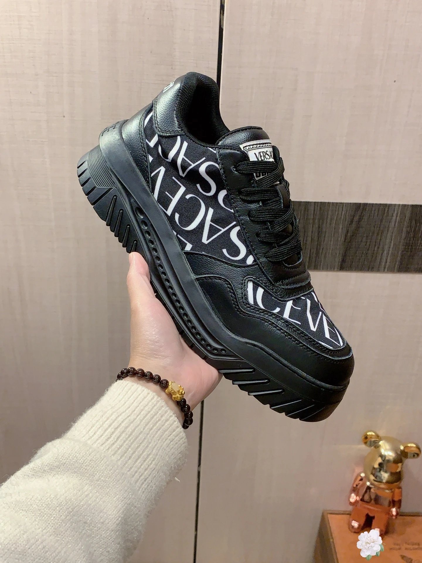 Chunky Leather Sneakers Ebony Black - Versace - Cnfans - $62.58