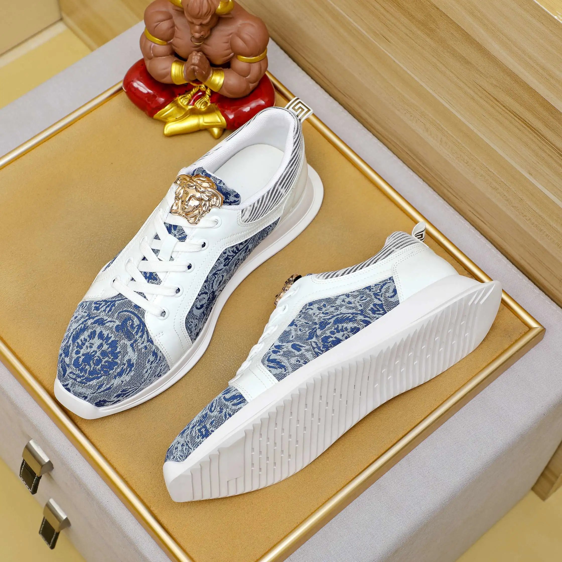 Luxury Jacquard Leather Sneakers Navy White - Gallery Image 5 - Detailed View