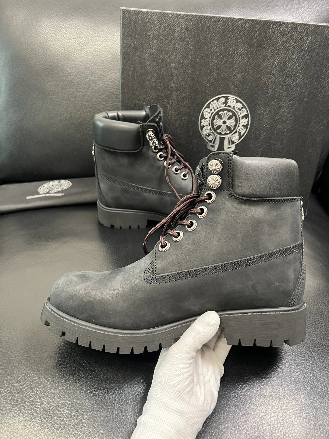 Italian Leather Combat Boots Ebony Black - Gallery Image 5 - Detailed View