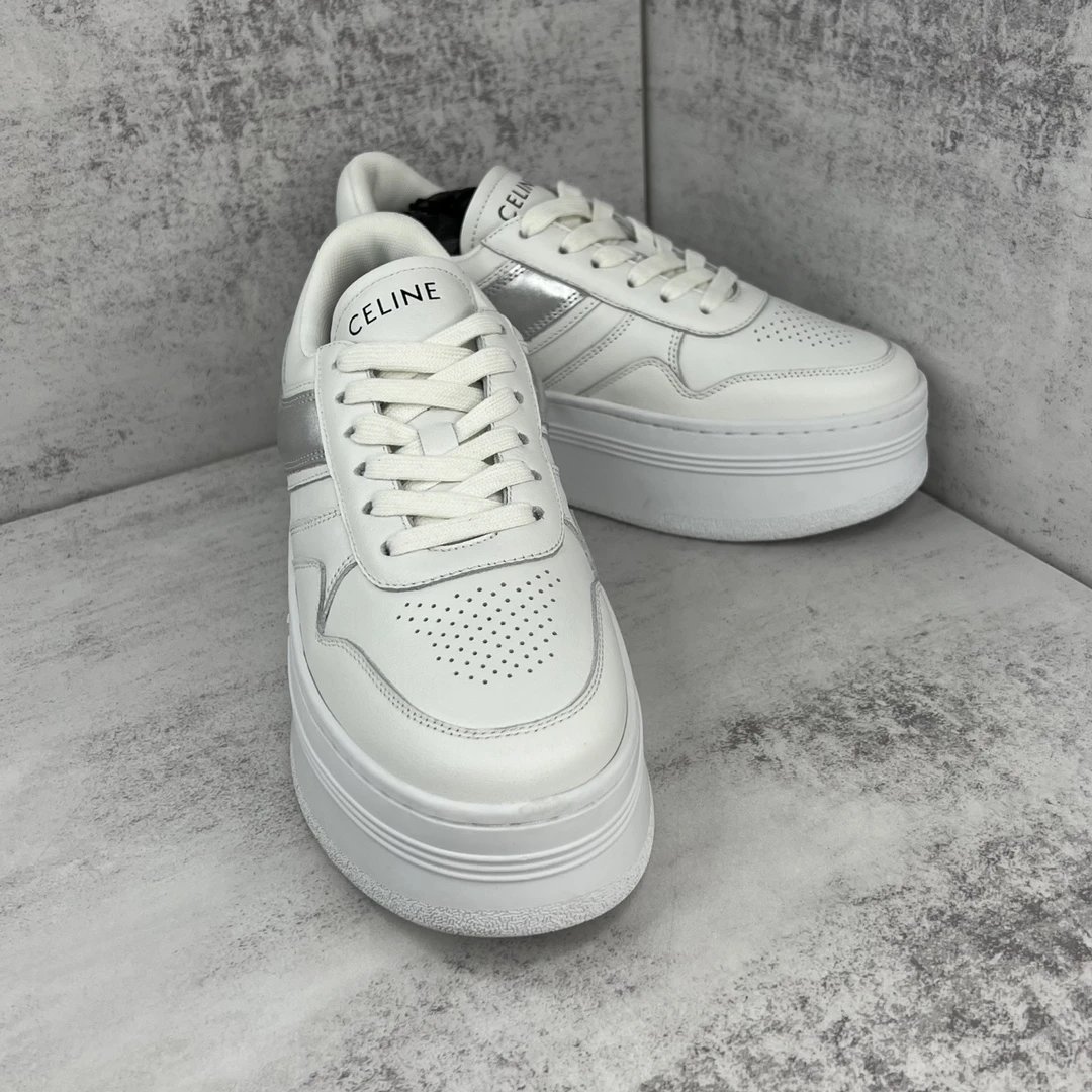 Platform Leather Sneakers Triomphe Detail Silver White - Gallery Image 2 - Detailed View