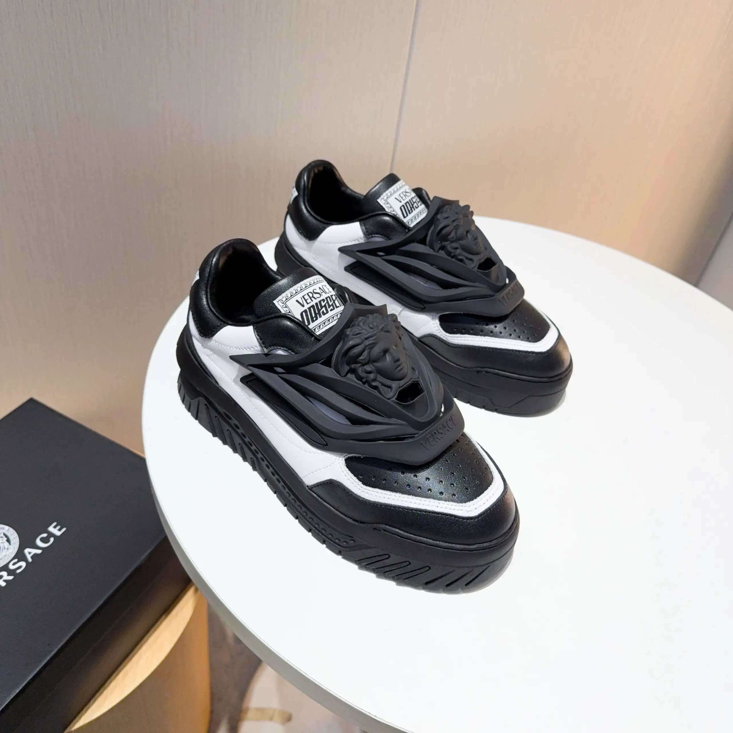 Luxury Leather Chunky Sneakers Ebony Ivory - Gallery Image 1 - Detailed View