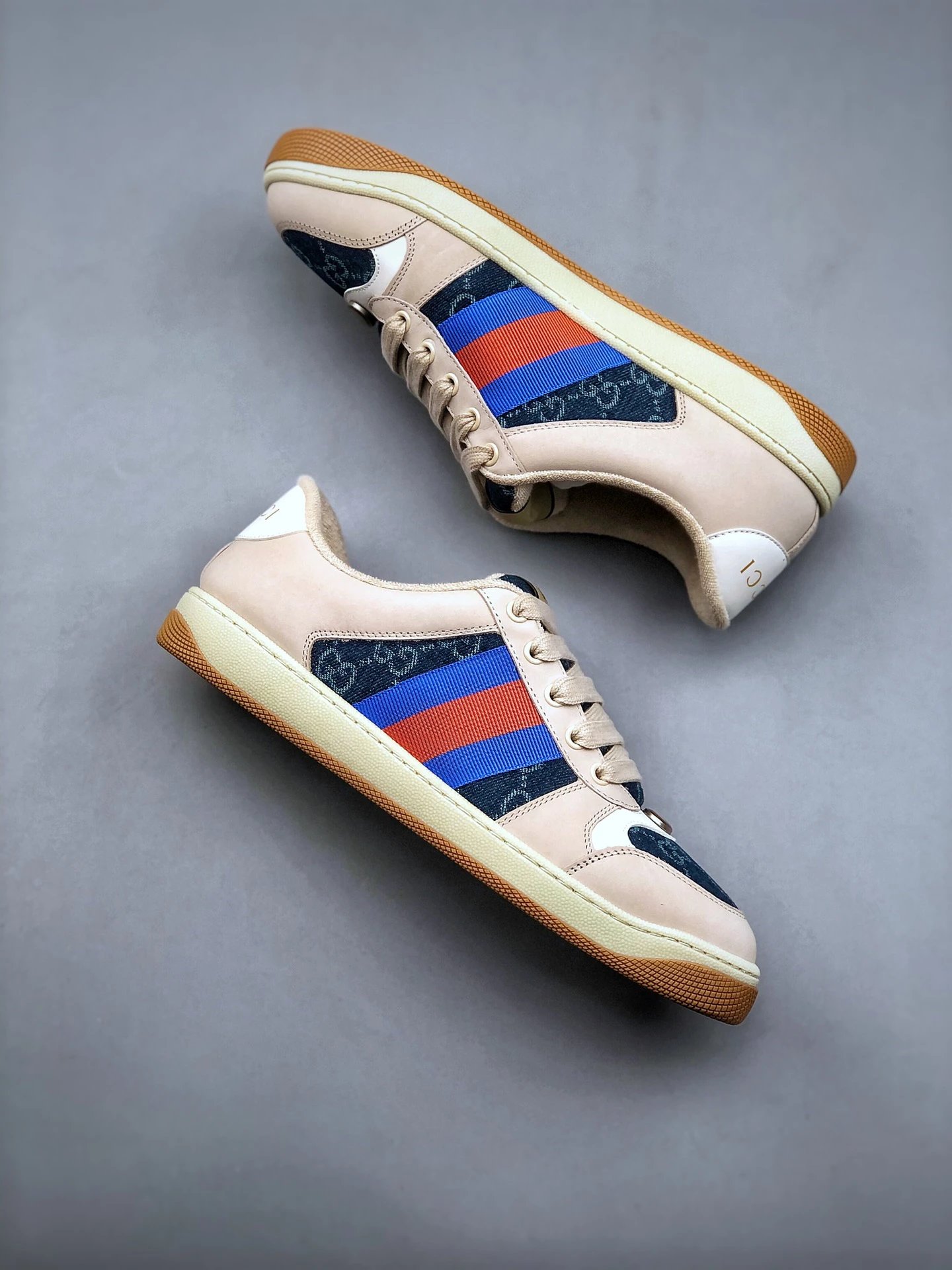 Gucci Distressed Screener Beige Sneaker Blue Red - Gallery Image 9 - Detailed View