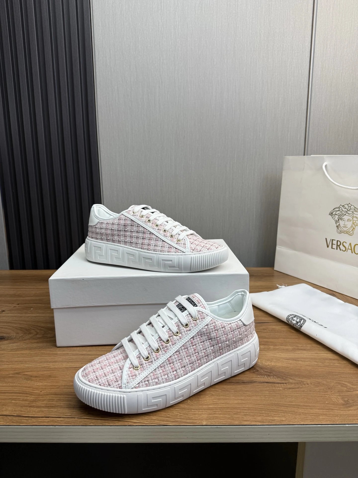 Tweed Leather Low Top Sneakers Blush Pink - Gallery Image 4 - Detailed View