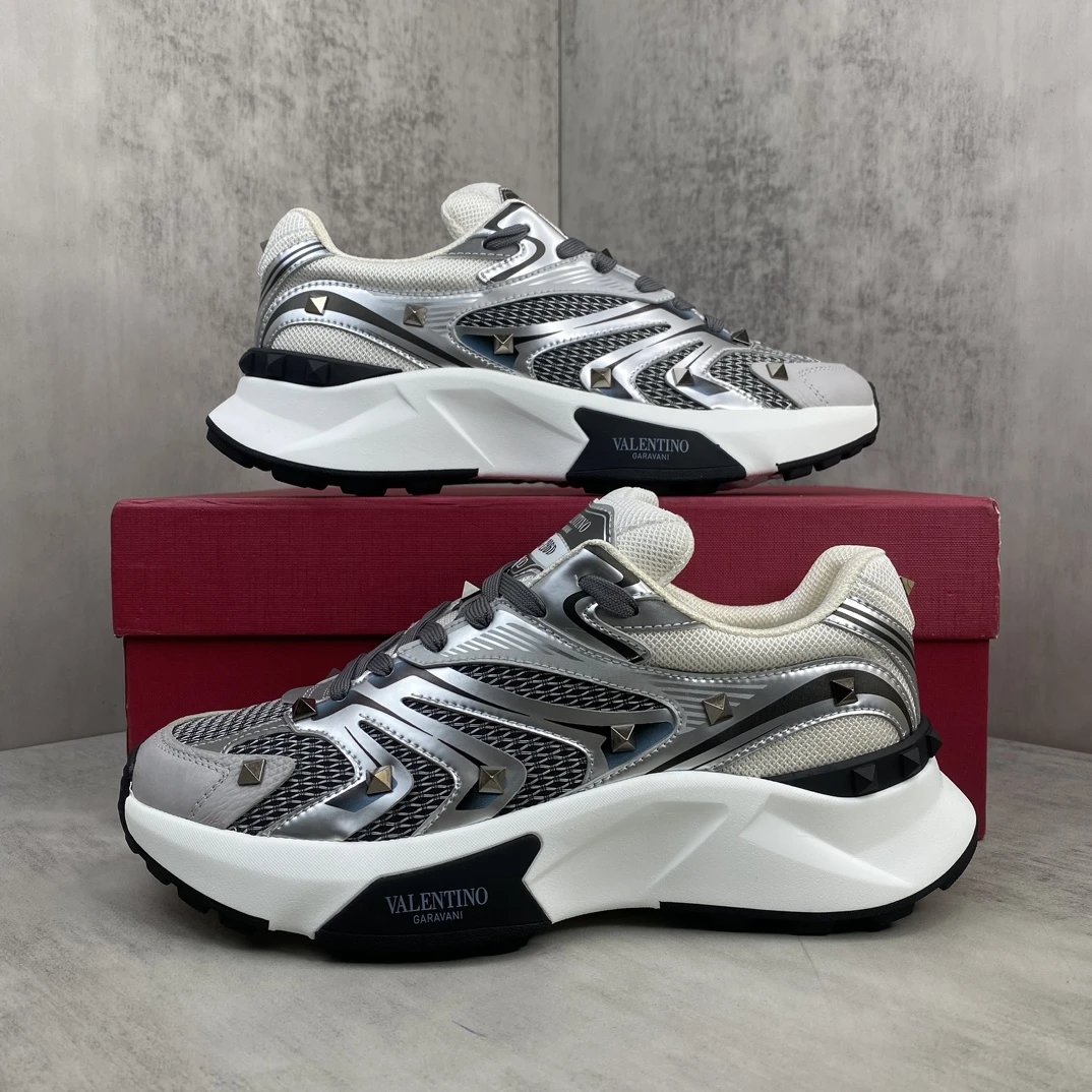 Chunky Leather Mesh Sneakers Metallic Silver - Gallery Image 9 - Detailed View