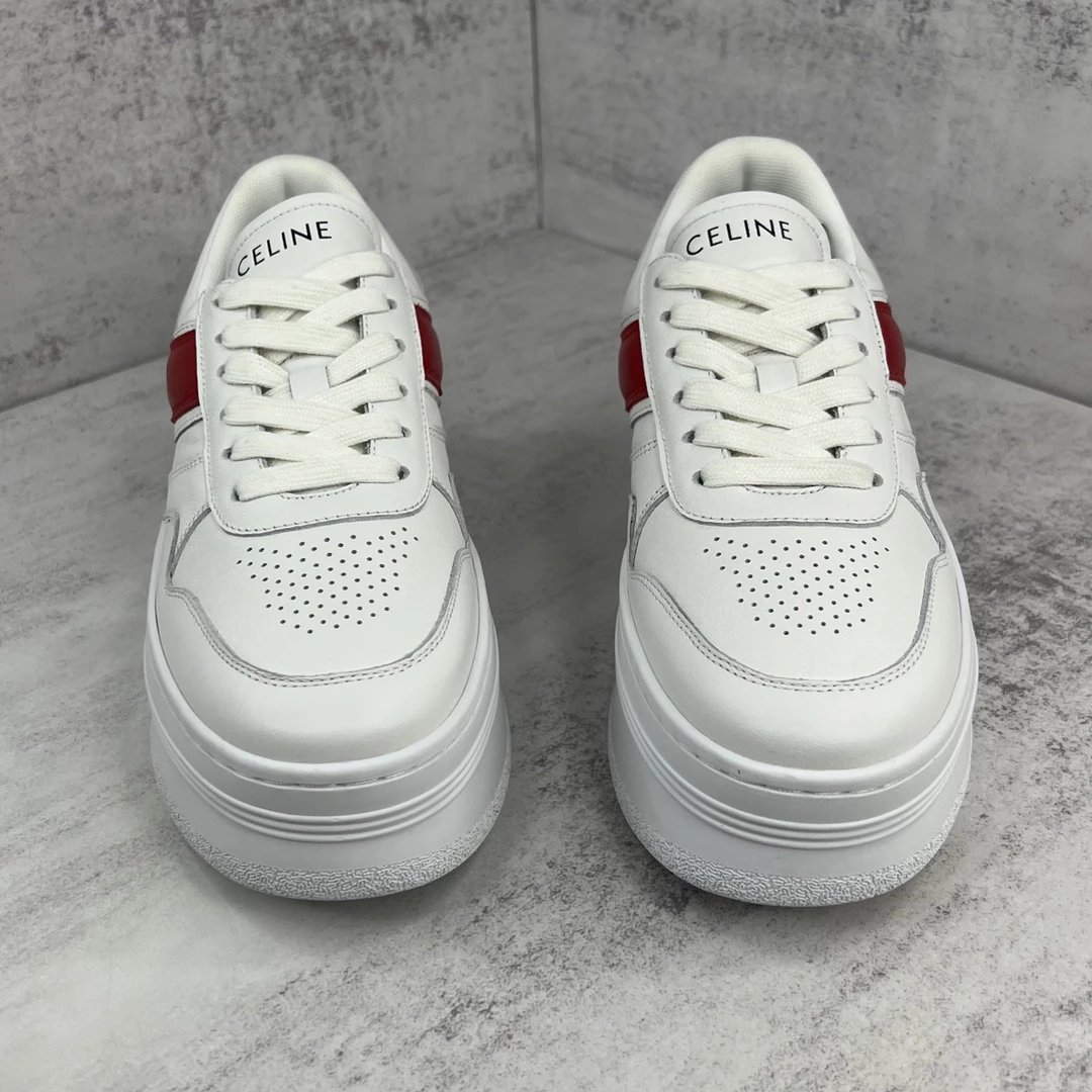 Platform Leather Sneakers with Triomphe Detail in Crimson White - Gallery Image 4 - Detailed View