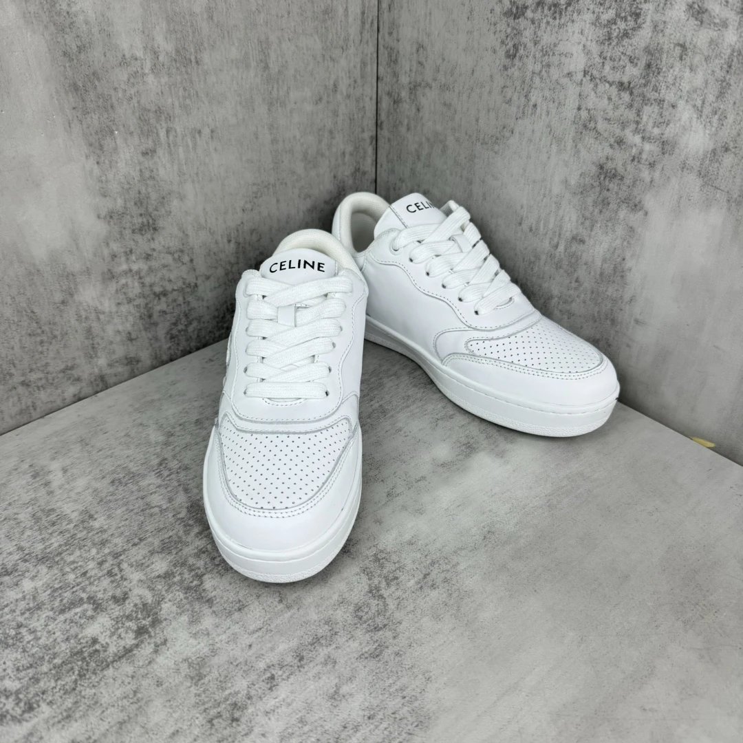 Low Top Leather Runner Sneakers with Arch Logo in Pure White - Gallery Image 2 - Detailed View