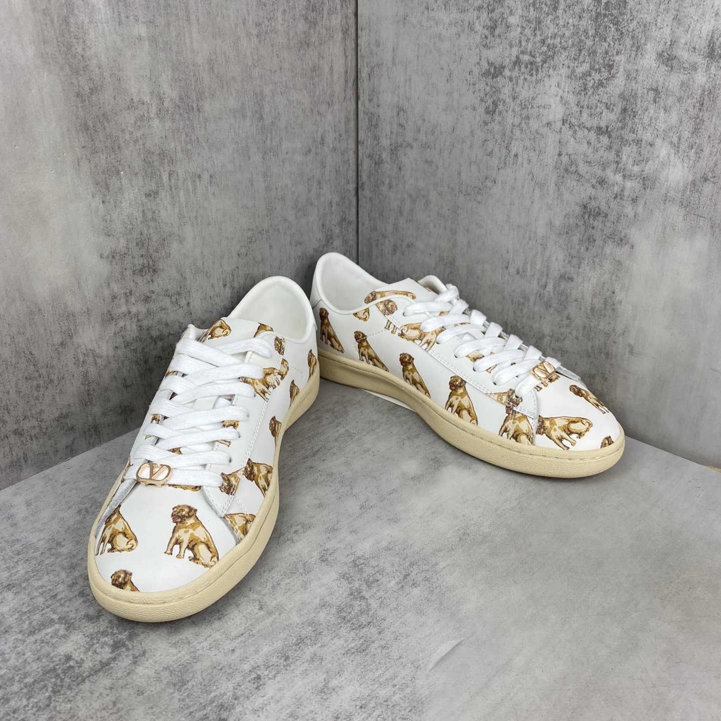Dog Print Leather Low Top Sneakers Ivory - Gallery Image 2 - Detailed View
