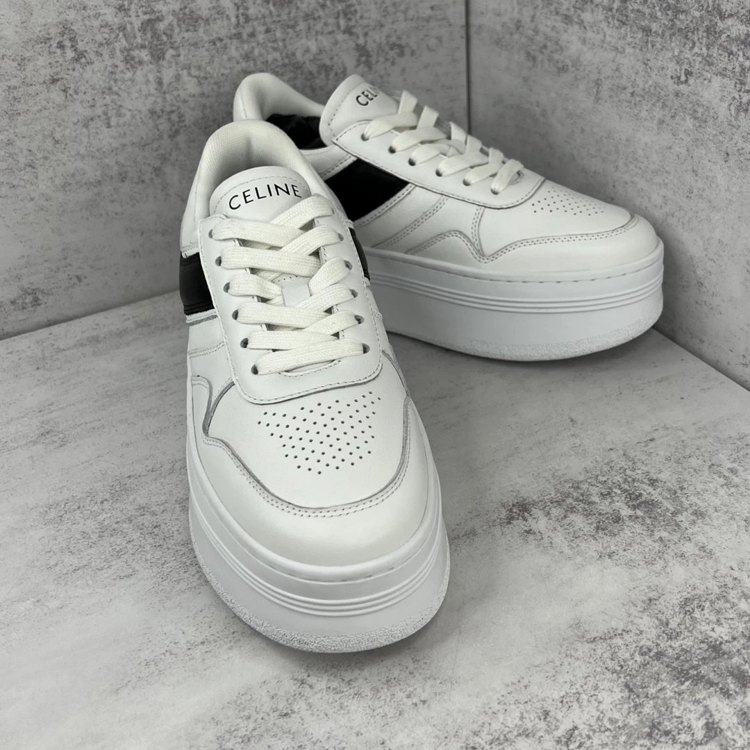 Platform Leather Sneakers with Triomphe Design in Ivory Black - Gallery Image 2 - Detailed View