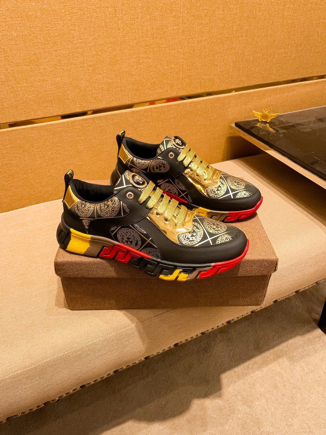 Luxury Leather Sneakers Baroque Gold Black - Gallery Image 1 - Detailed View