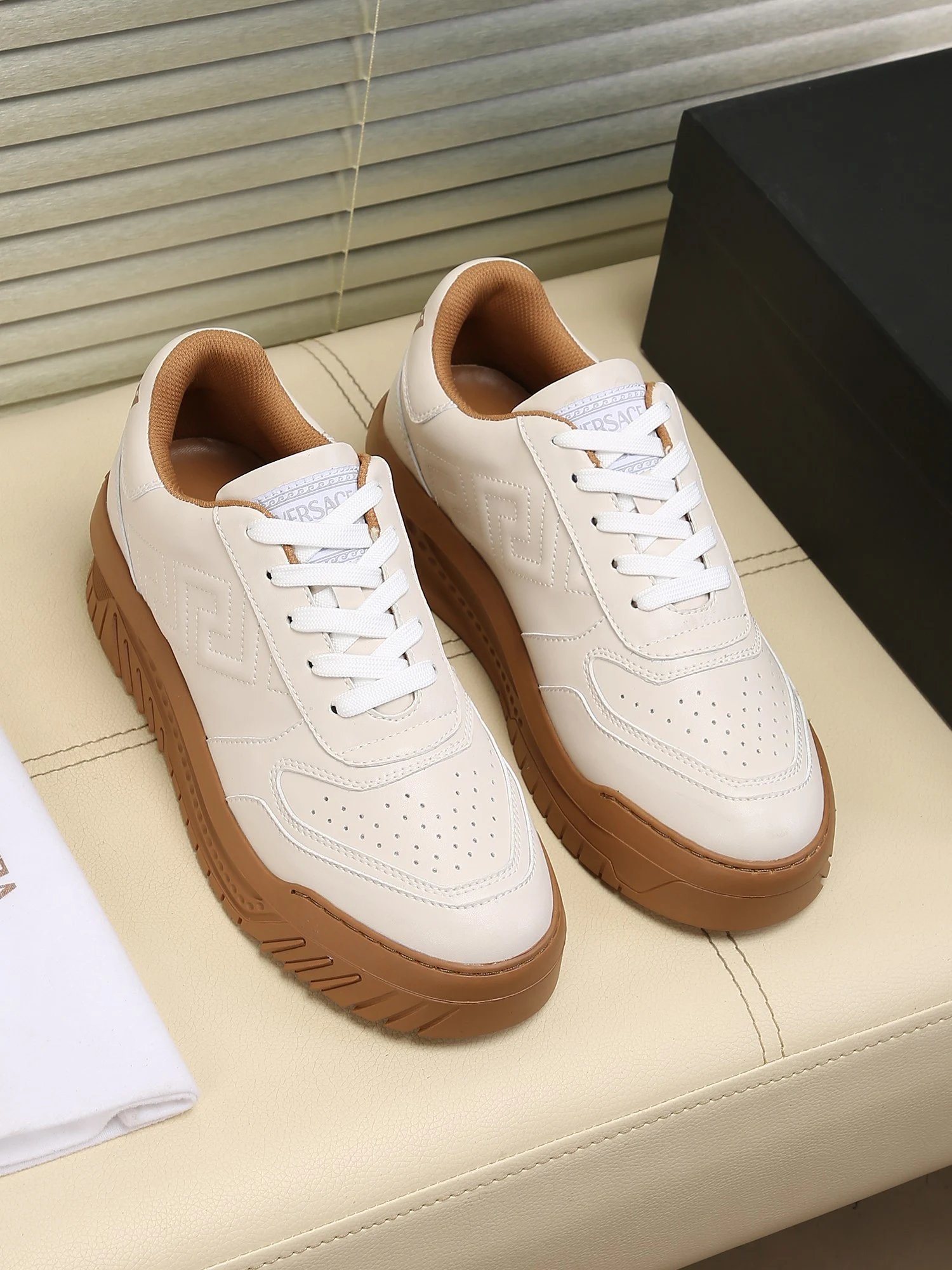 Grace Labyrinth Leather Sneakers Almond Brown - Gallery Image 3 - Detailed View