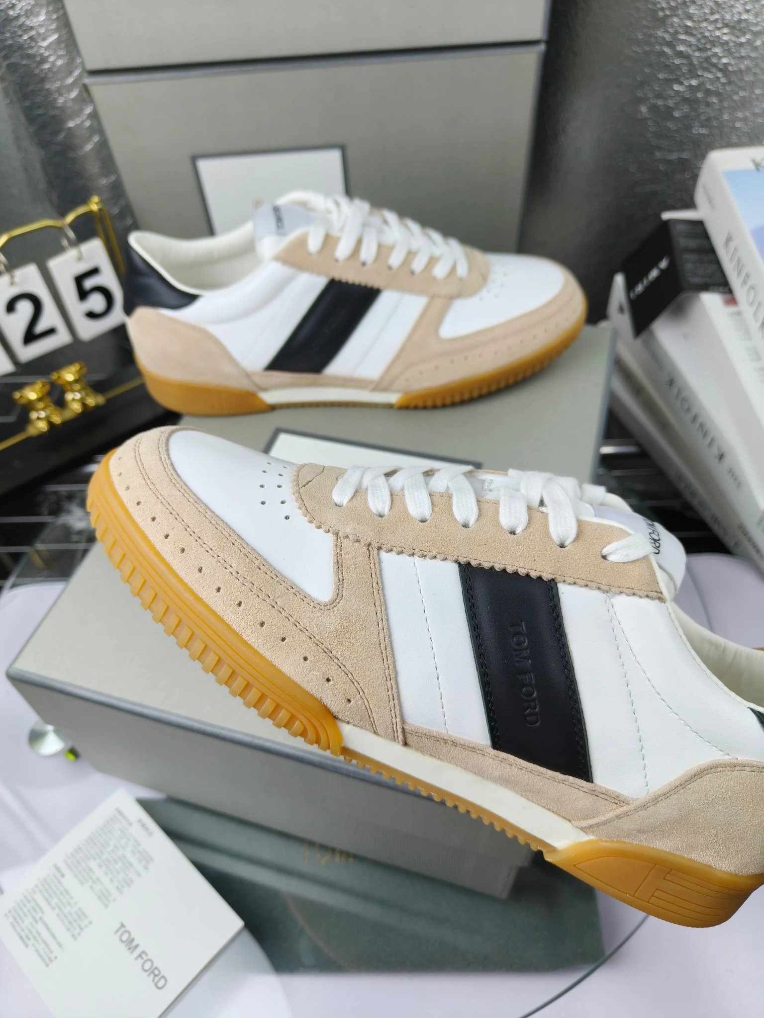 Retro Suede Leather Sneakers Ivory Black - Gallery Image 5 - Detailed View