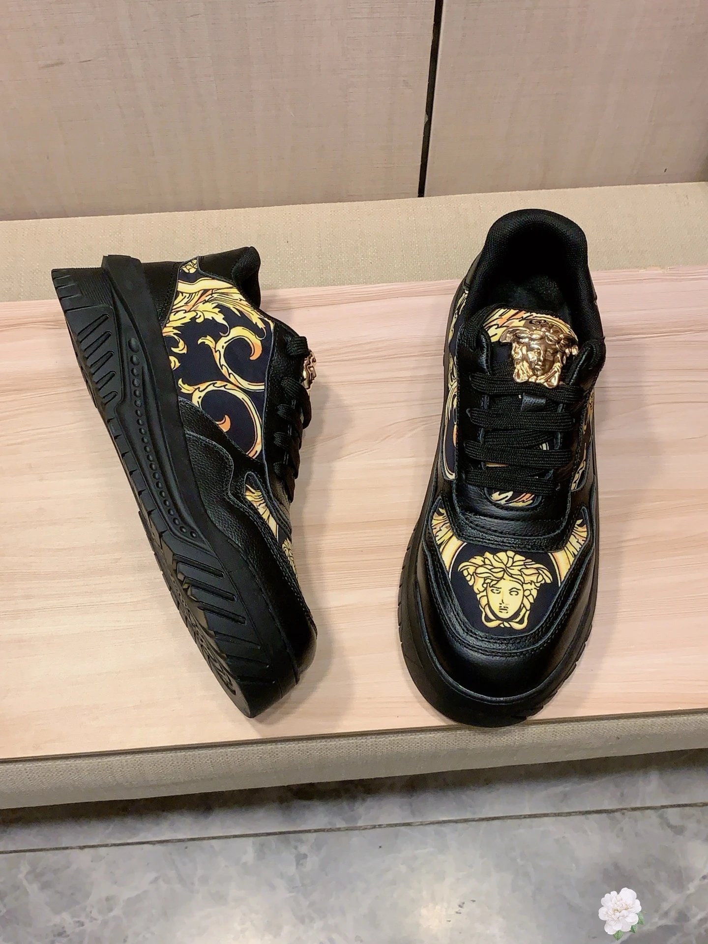 Baroque Leather Low Top Sneakers with Gold Accents Black - Gallery Image 6 - Detailed View